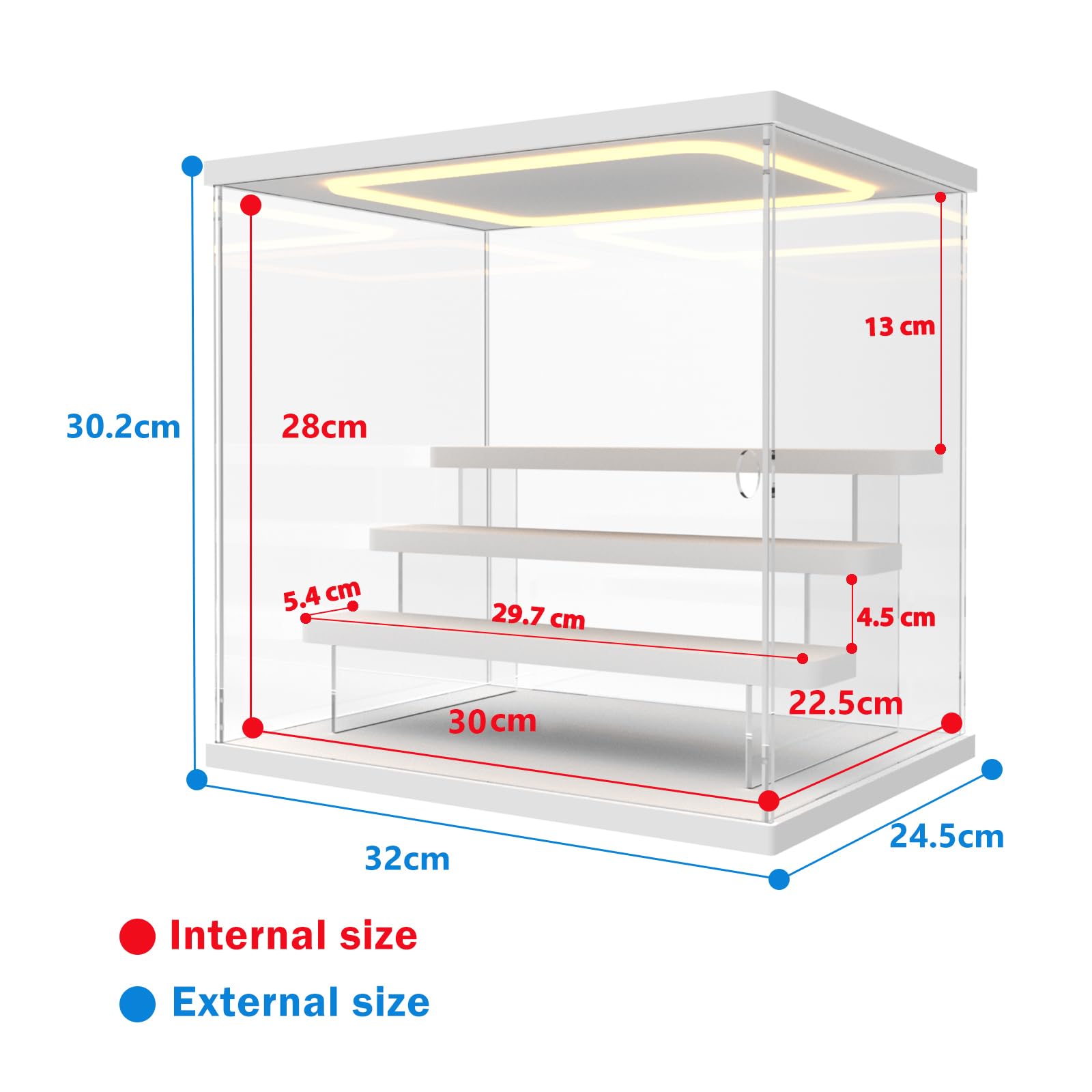 Vetrina Acrilica con Luce LED, 4 Livelli Scatola Vetrina Espositiva per Collezionismo con Porta e Gradini, Antipolvere Teca Plexiglass per Funko Pop, Figure, Modellini, Bianco