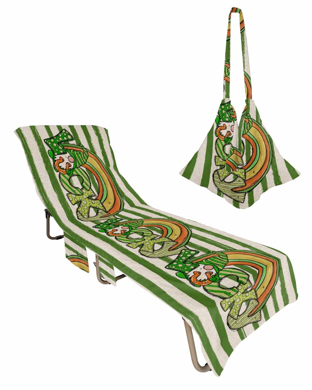 St. Patrick's Day Beach Lounge Chair Towel Cover, Soft Chaise Lounge Towel with Side Pockets Patio Pool Chairs Cover for Beach/Pool Sunbathing 29x85 Green Striped Lucky Gnomes Rainbow