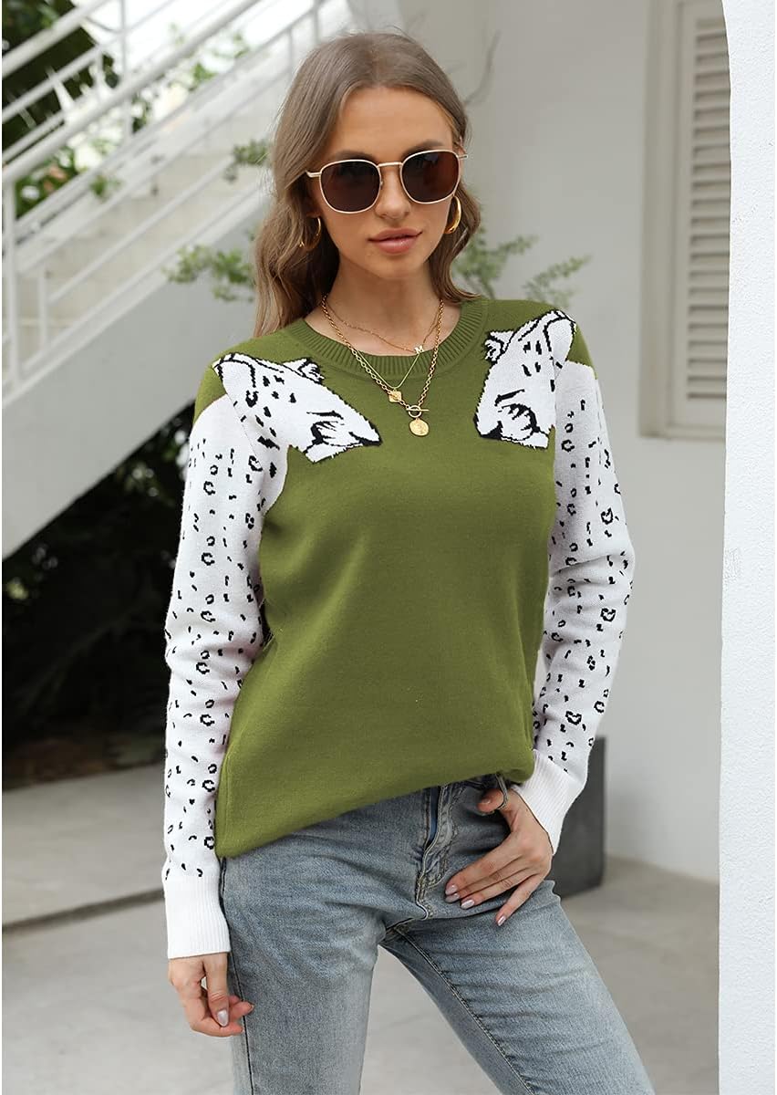 Mansy Women's Casual Long Sleeve Crew Neck Cute Animal Leopard Print Knitted Pullover Sweater Tops - Image 2