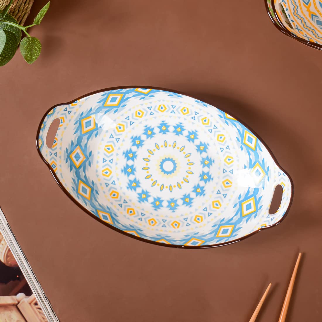 Nestasia Blue & Yellow Diamond Ceramic Long Dish with Handles for Serving Snacks, Appetizers, Salads, and Noodles| Microwave Safe, Dishwasher Safe (10.8 Inch)