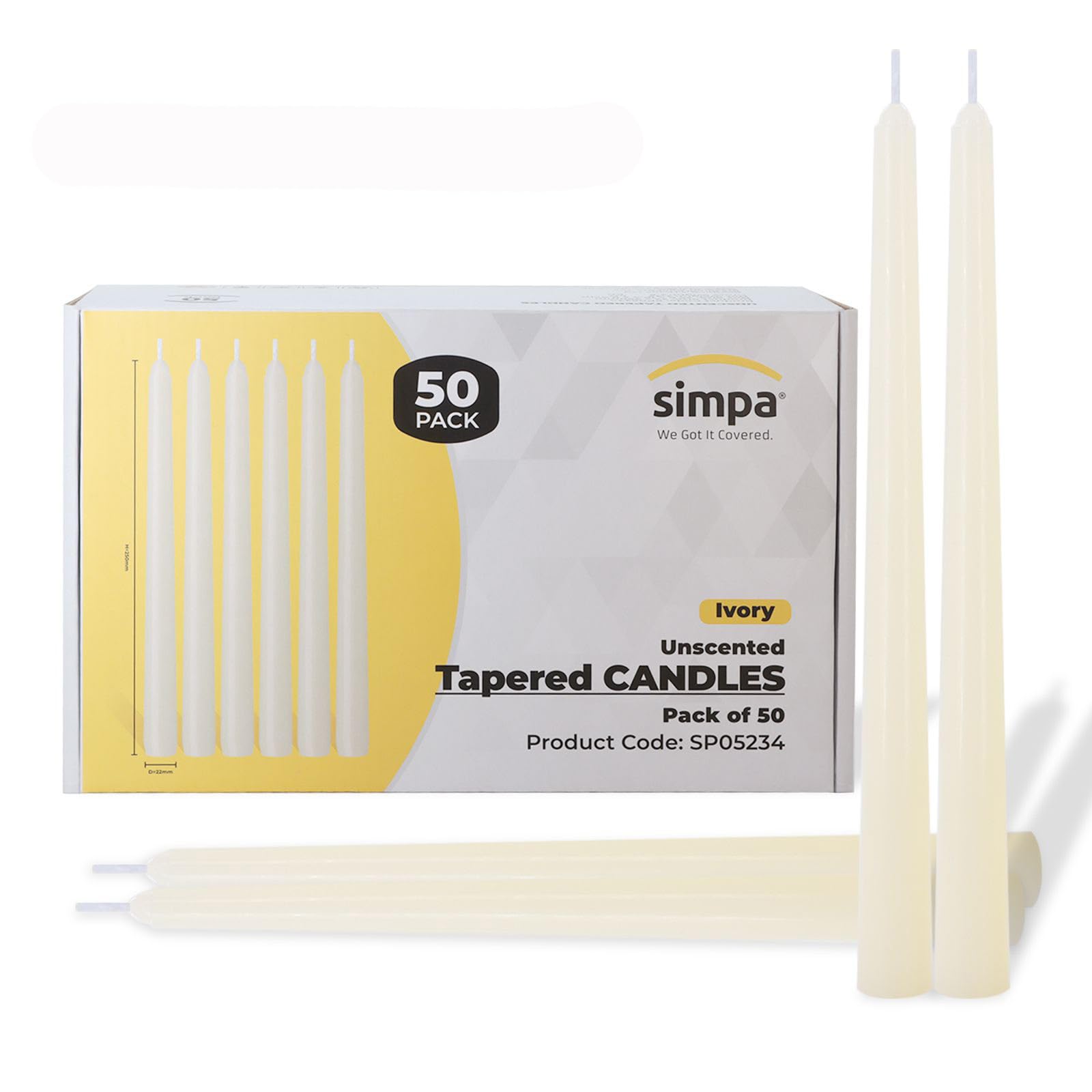 simpa Unscented Tapered Ivory Candles 7-Hour Burn Time Long-Burning 22mm x 250mm - Pack of 50