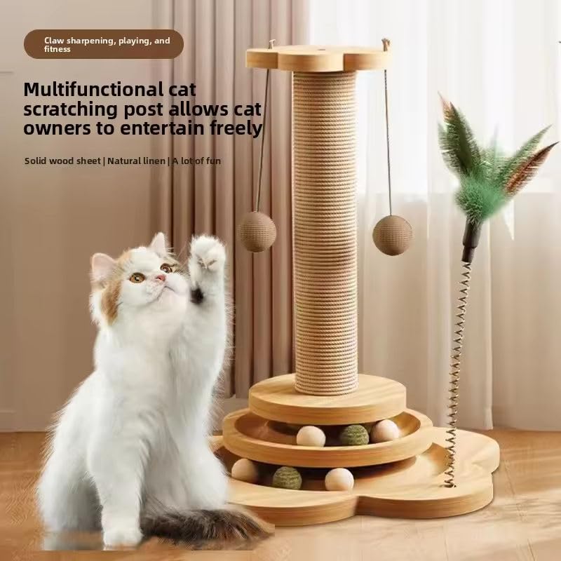 Image of Solid Pine Wood Cat Toy Scratching Post with Roller Ball Track, Catnip Balls & Feather Toy - Modern Sisal Cat Scratcher Tower for Indoor Cats- Flower Style