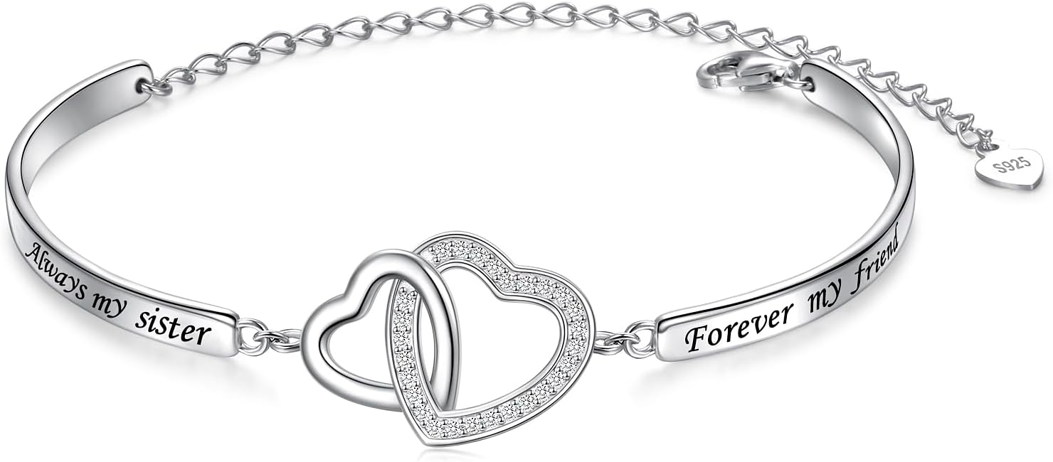 925 Sterling Silver Heart Inspirational Bangle Bracelet Engraved Always my sister Forever my friend Adjustable Bracelets Sister Friendship Jewelry Gift for Women