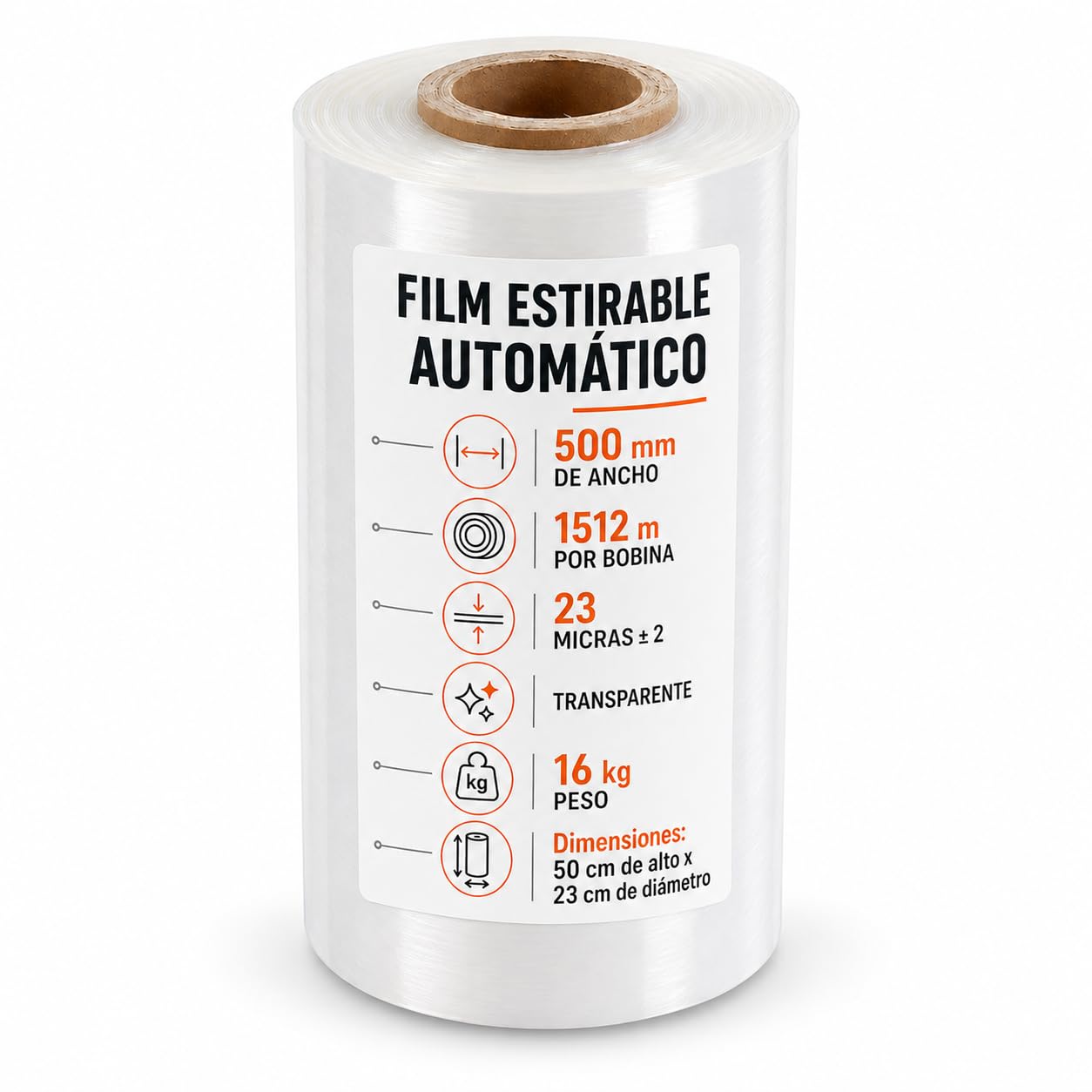Film Estirable Automático Transparente 500 mm x 1512 m – Bobina Industrial 16 kg – 23 Micras ±2 – Plástico Stretch Film para Enfardadora Automática, Paletizado, Embalaje y Logística Profesional