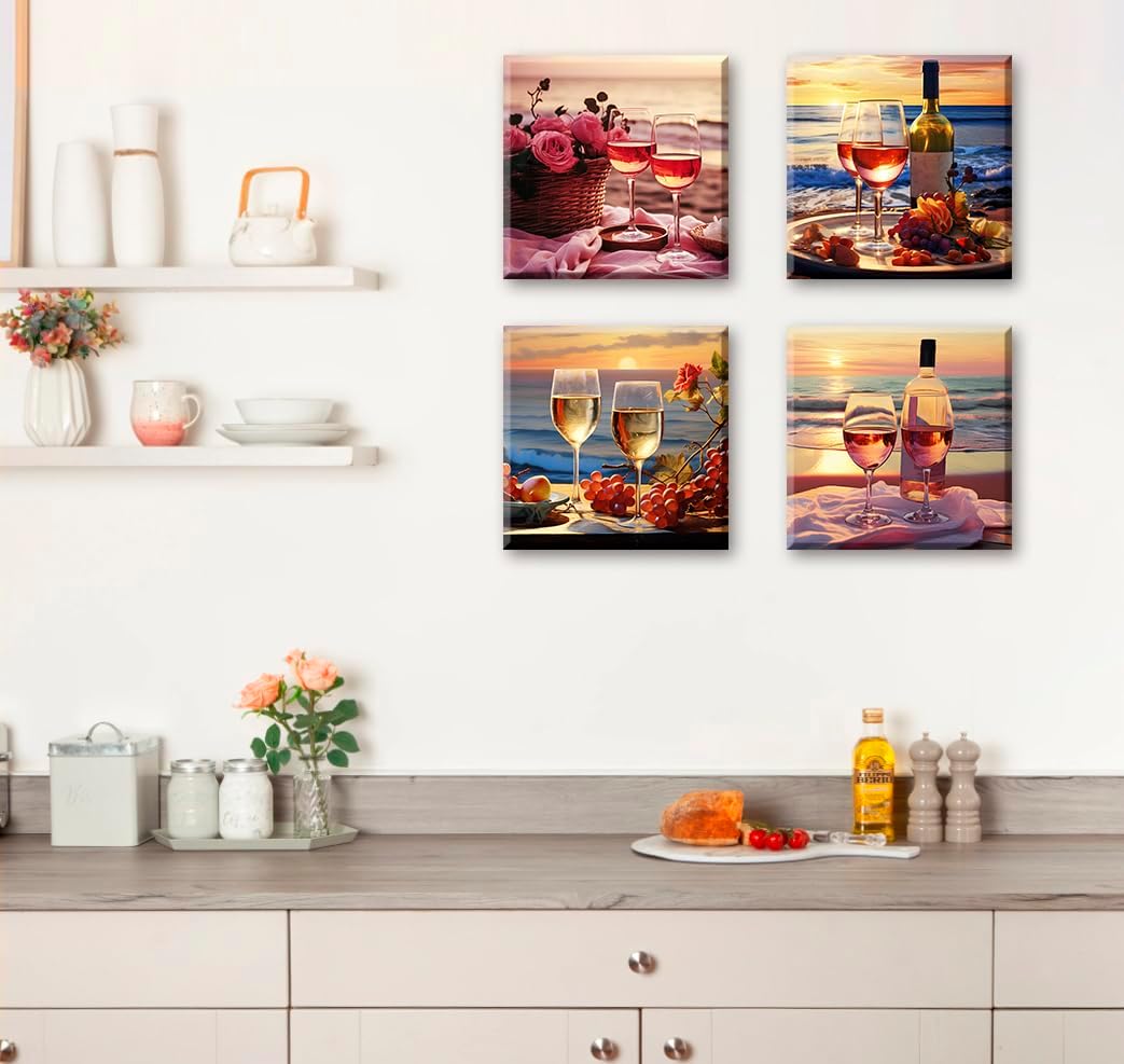Kitchen Decor Dining Room Wall Art Wine Glass Still Life Fruit Goblet Canvas Prints Artwork Beach Sunset Landscape Romantic Poster Bar Restaurant Home Decoration Framed Ready to Hang 12X12X4 Panels