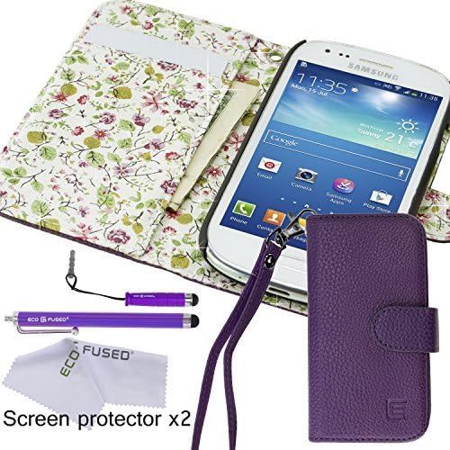 Eco-Fused Case & Stylus Bundle for Samsung Galaxy S3 Mini (I8190) Including Faux Leather Cover with Floral Interior/Lanyard / 2 Stylus Pens / 2 Screen Protectors/Microfiber Cleaning Cloth