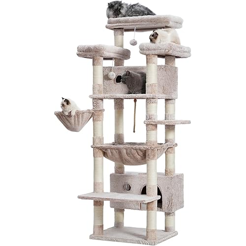 Cat Tree for Indoor Cats Large Adult, 74" Cat Tower with 3 Big Platforms, 2 Baskets, 2 Condos, Multi-Level Cat Scratching Posts, Muchroom GCT030MU