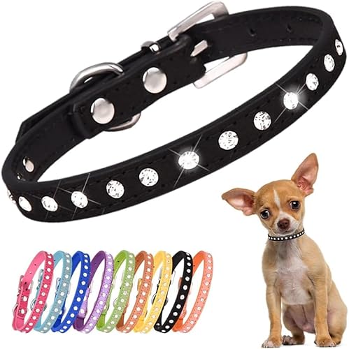Pimaodog Bling Rhinestones Dog Collar, Black Adjustable PU Pet Collar with Metal Safety Buckle, Soft Breathable Cute Collar for Small Dogs XXS XS S (XS, Black)