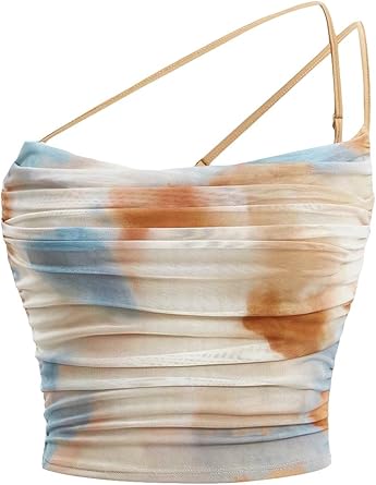 Floerns Womens Tie Dye Spaghetti Strap Cut Out One Shoulder Ruched Crop Cami Top