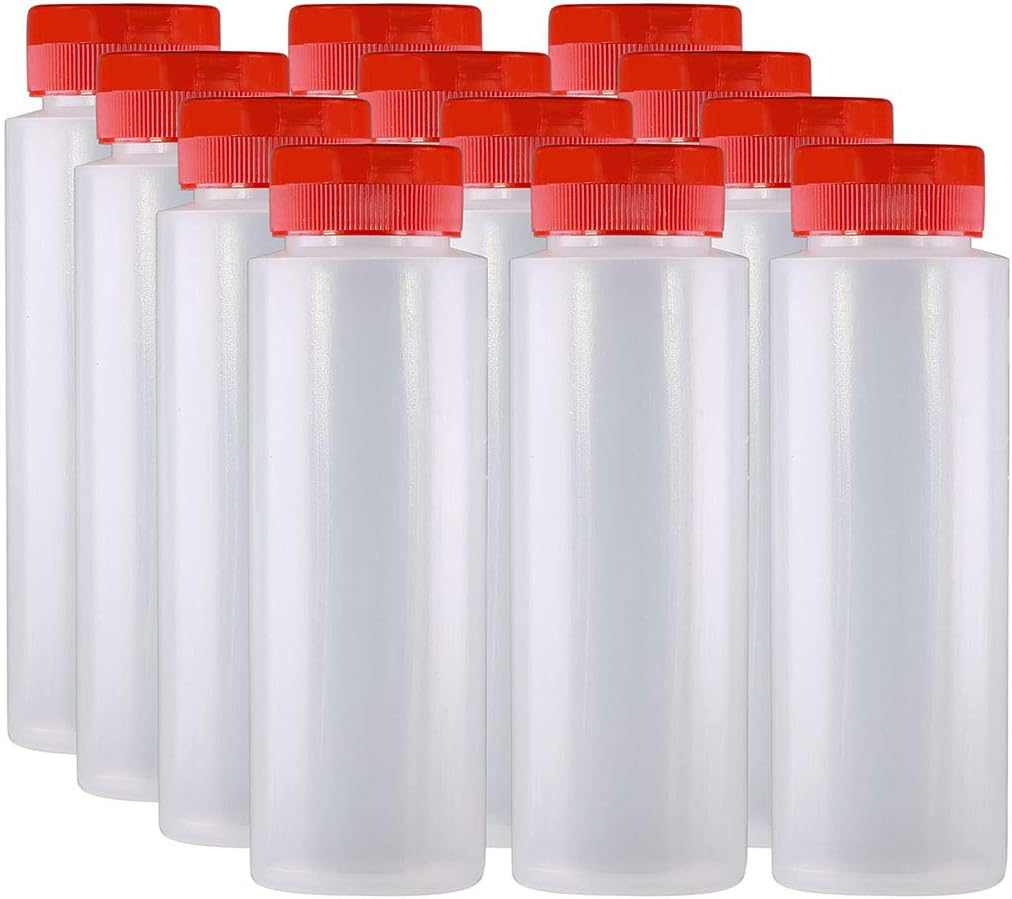 Pinnacle Mercantile Easy Squeeze Plastic Condiment Bottles with Red Flip Top Cap 8 oz Empty Set 12