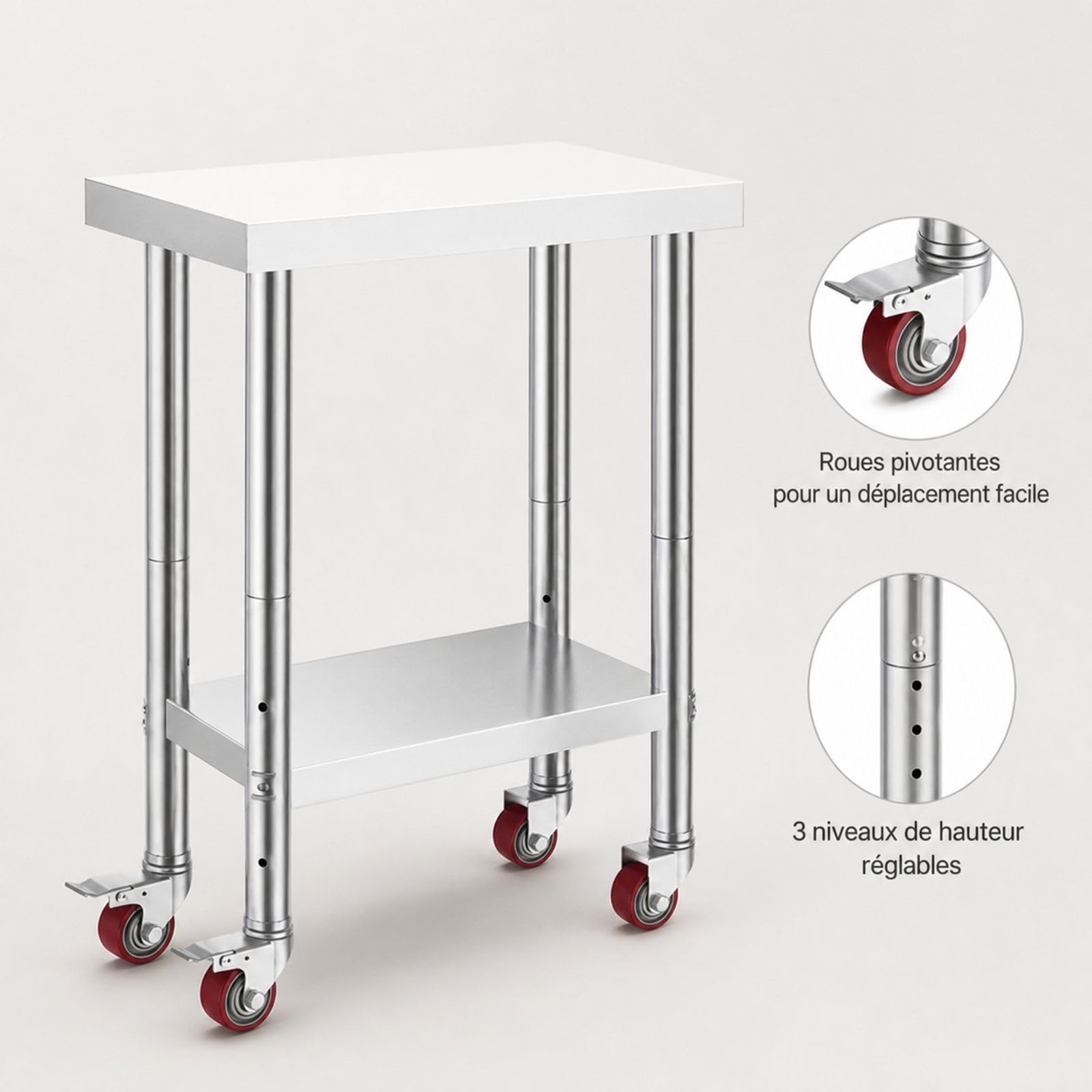 Table de Travail en Acier Inoxydable avec roulettes et Pieds réglables pour Cuisine et Atelier