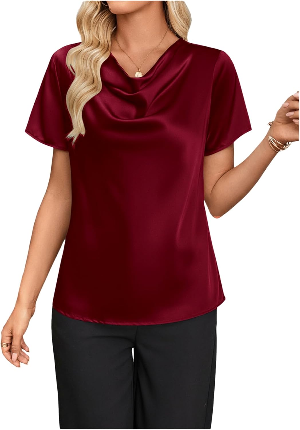 SweatyRocks Women's Draped Satin Blouse Short Sleeve Cowl Neck Dressy Work Shirts