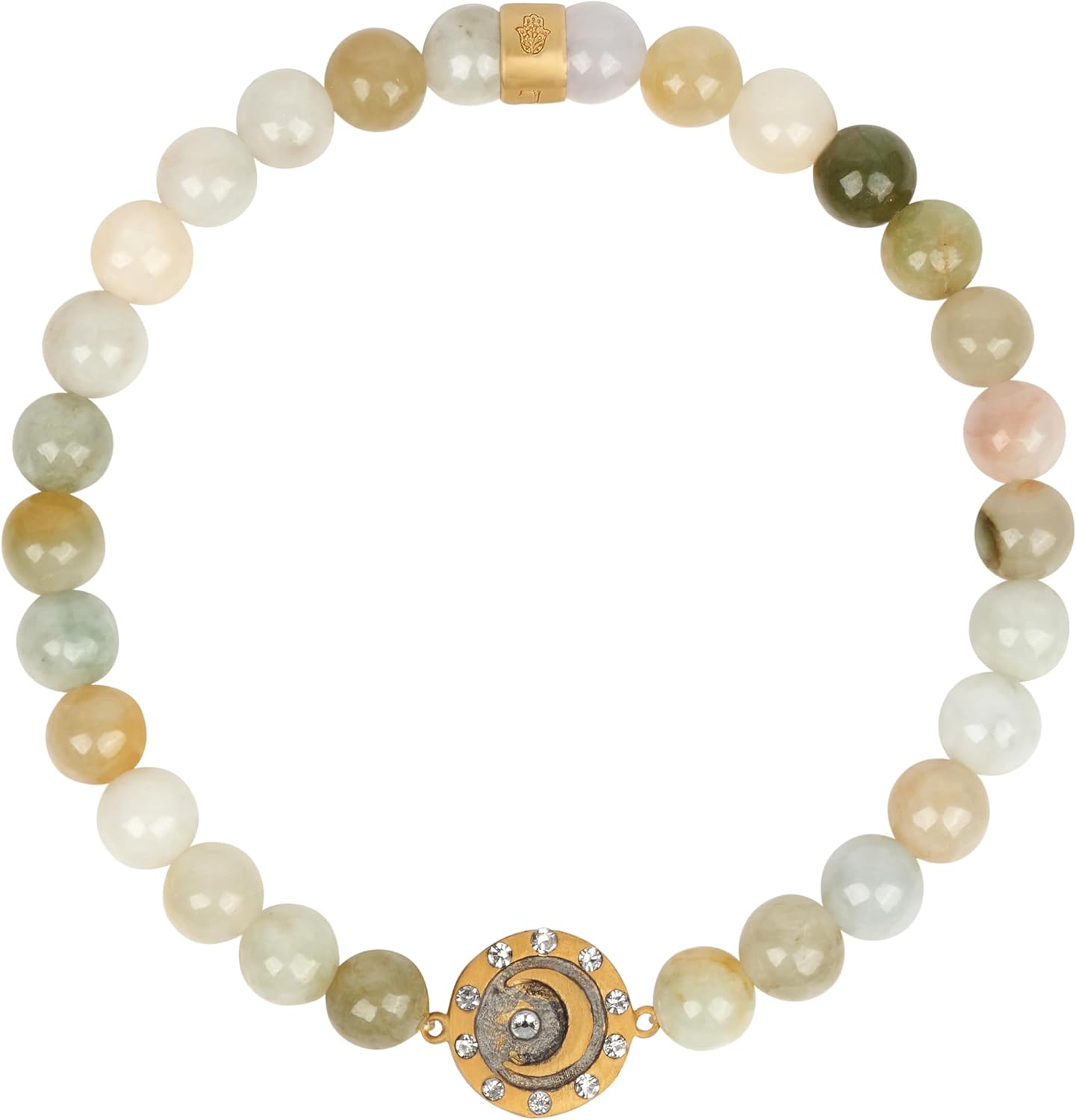 KARMA AND LUCK 7” Stretch Bracelet for Women – Gold-Plated Brass, 6mm Stones – Hamsa, Lotus & Moon Charms – Jade, Labradorite, Moonstone, Onyx, Garnet, Pearl – Spiritual & Healing Jewelry