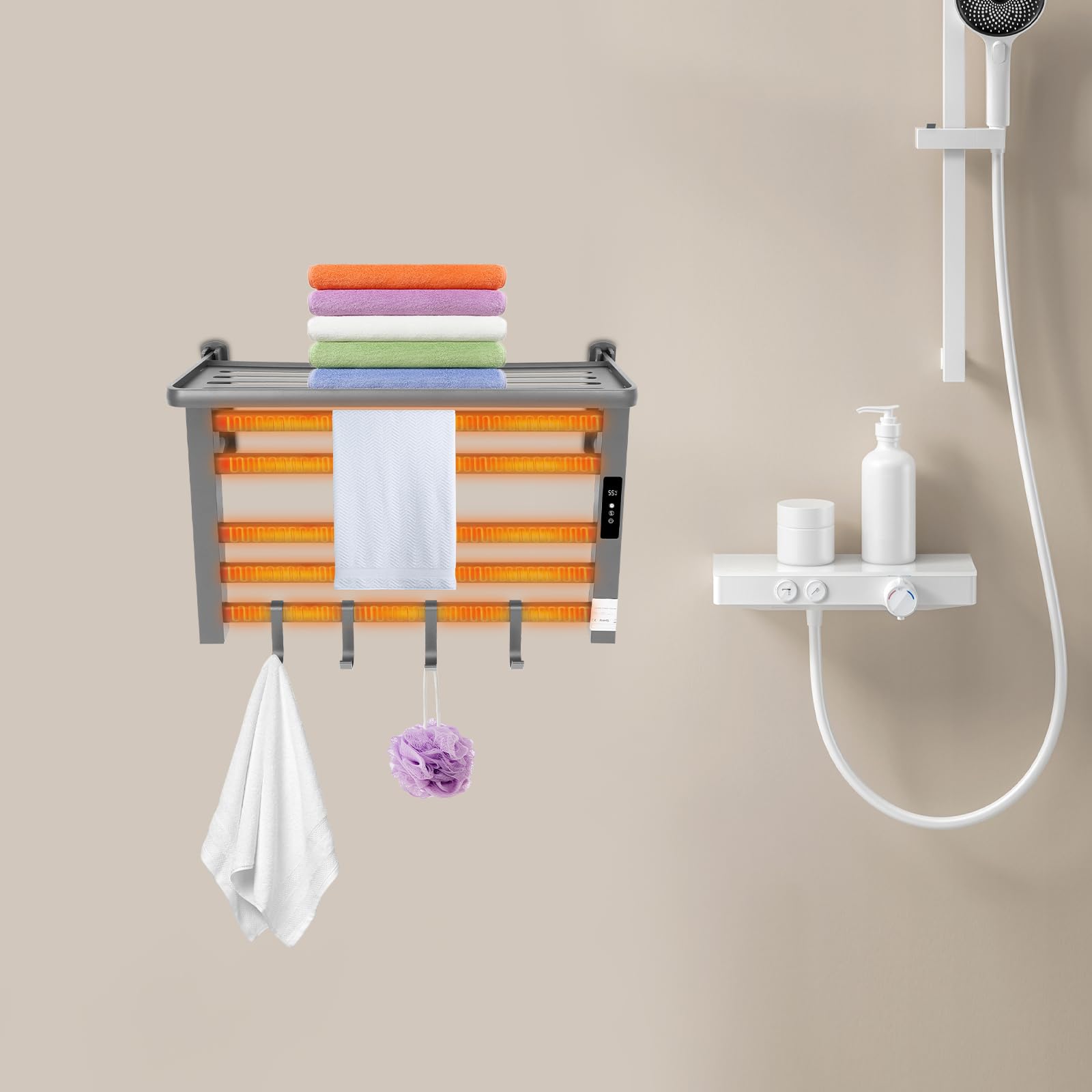 Sèche-serviettes électrique mural avec 5 barres chauffantes en fibre de carbone écran tactile minuterie 0-24h IPX5 en 3 couleurs pour salle de bain (gris)