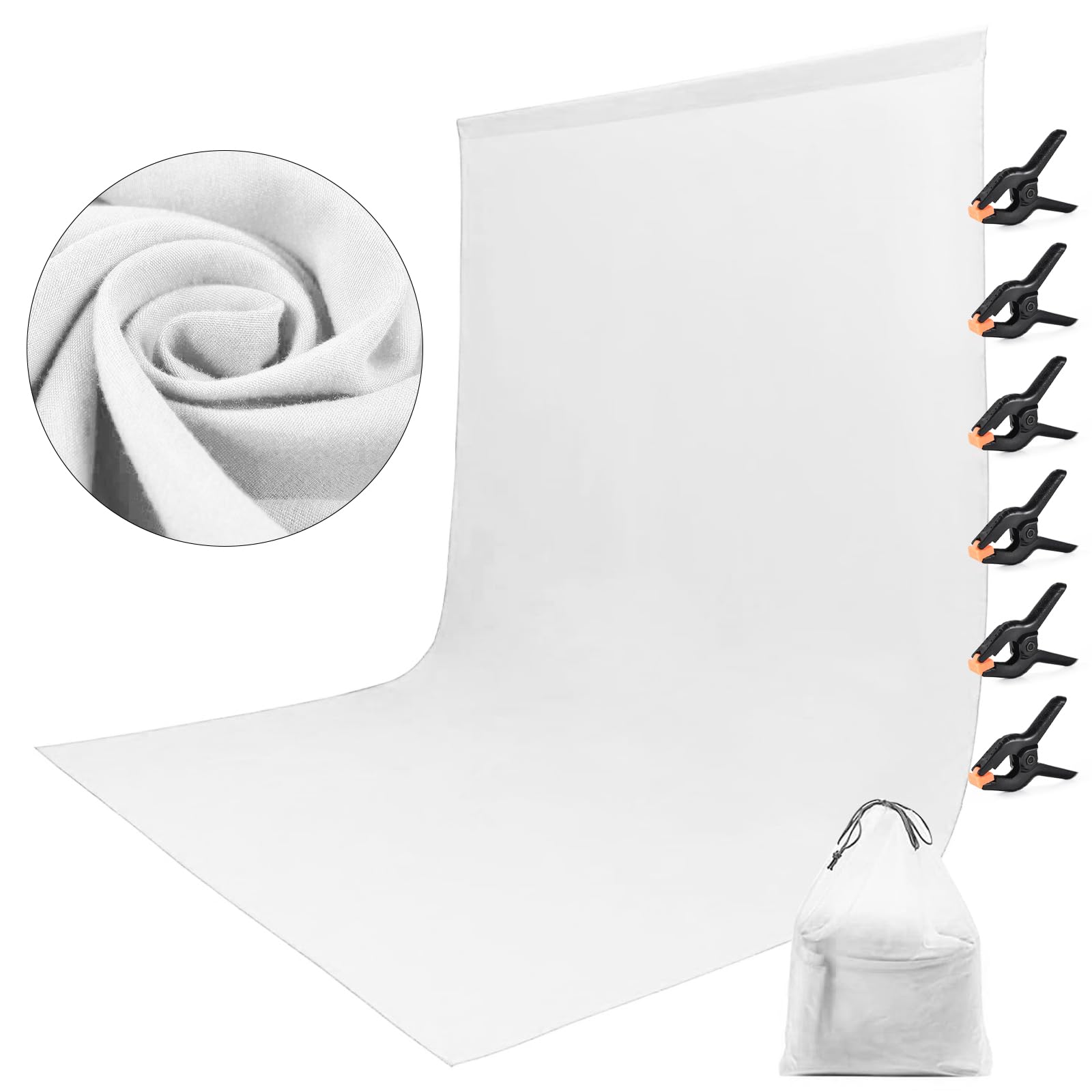 White Backdrop, 1.8×2.8m Foldable Thick Cloth Photo Backdrop with 6 Clips and Bag for Photo Studio, Video Shooting, Live Streaming, Parties, Keying, Stage