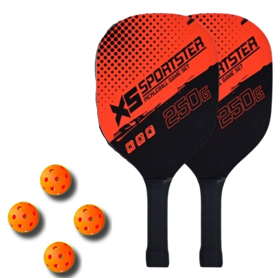 Qwick Click Wood Pickleball Paddles Kit, 4 Balls & Bag Racket Kids Adults Outdoor Gift Pickleball Paddle (RED)