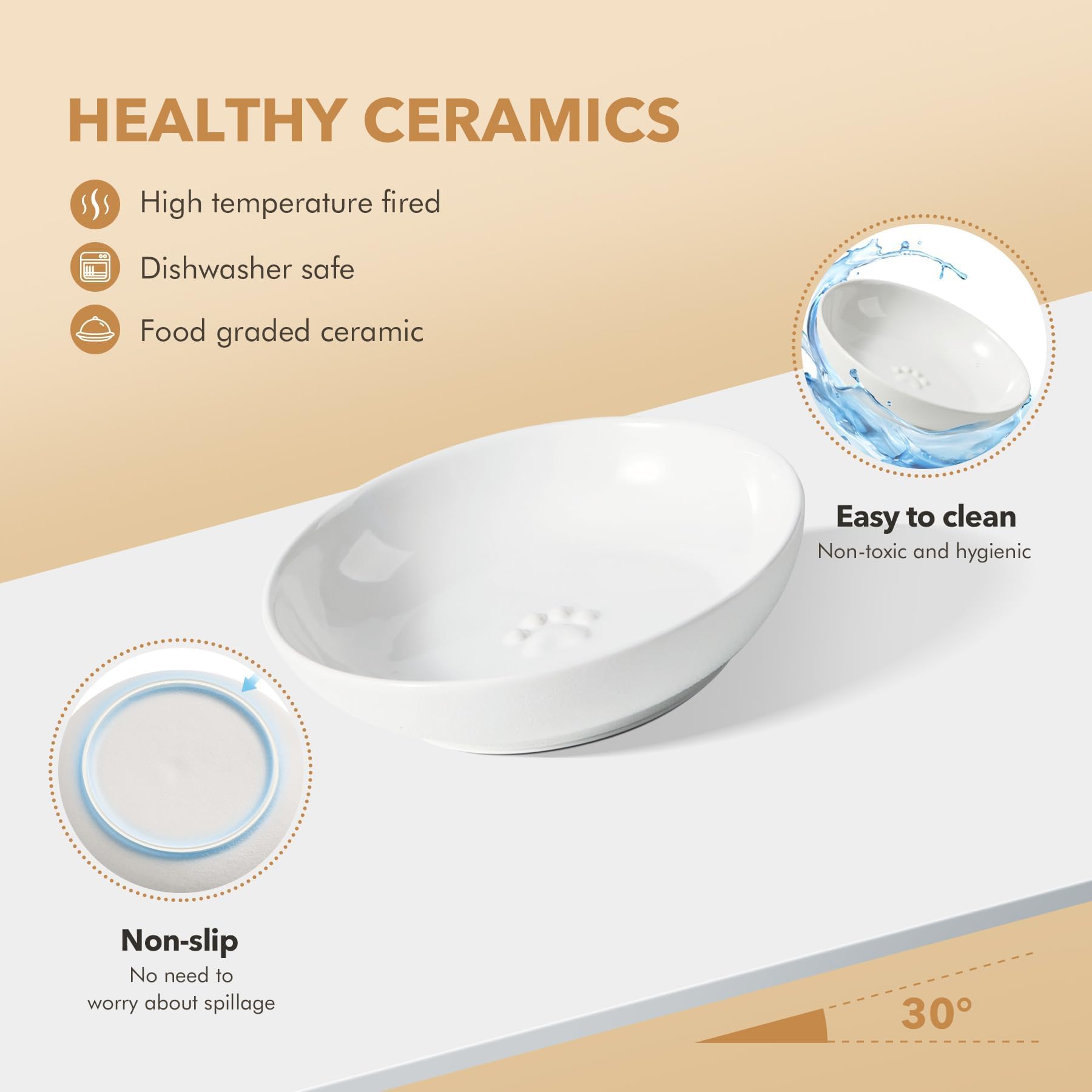 Havniva Gamelles surélevées antidérapantes en céramique pour chat de 14,2 cm avec support - Peu profonde, adaptée aux moustaches - Pour eau et nourriture pour chat avec deux options de hauteur