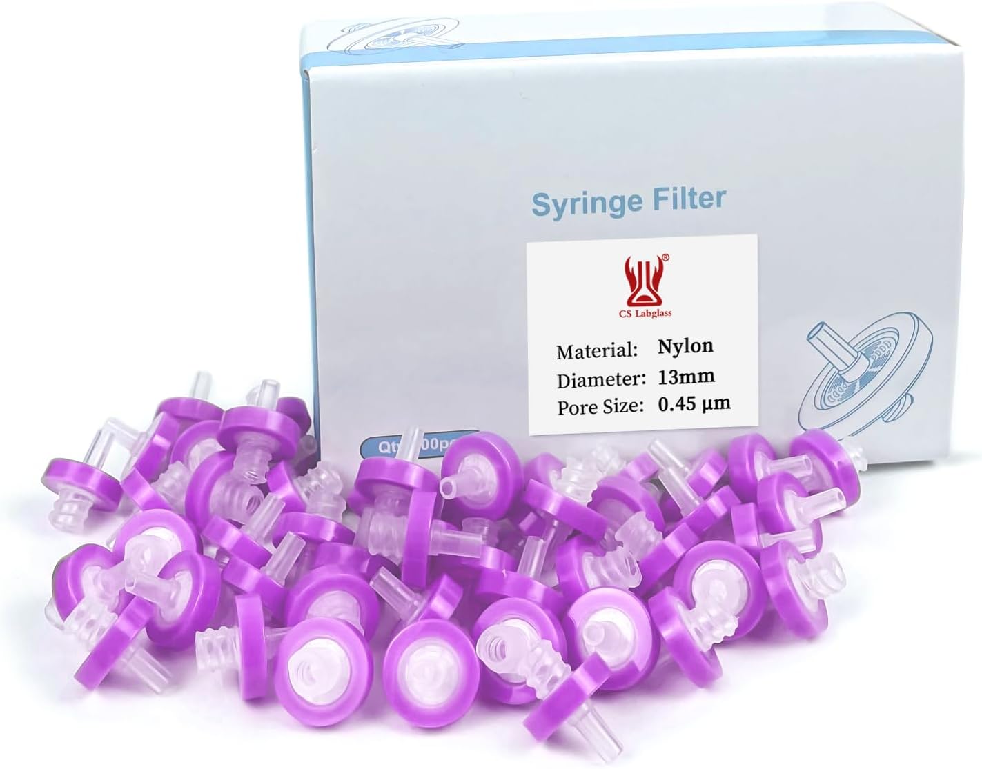 100 Pack Syringe Filters, Nylon Membrane, 25mm Diameter 0.22μm Pore Size, Syringe Lab Filters