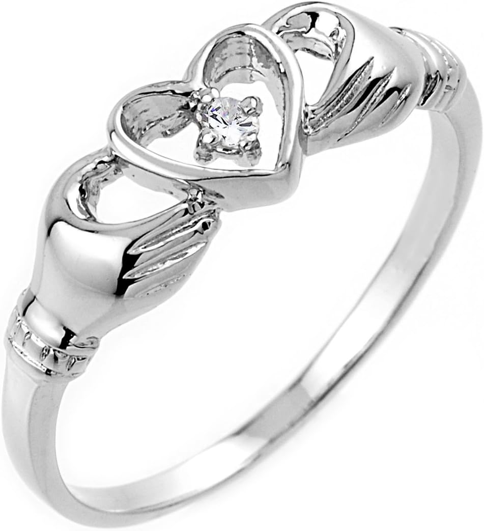 14k White Gold Diamond Accent Solitaire Open Heart Claddagh Ring (J-K Color, I1-I2 Clarity)