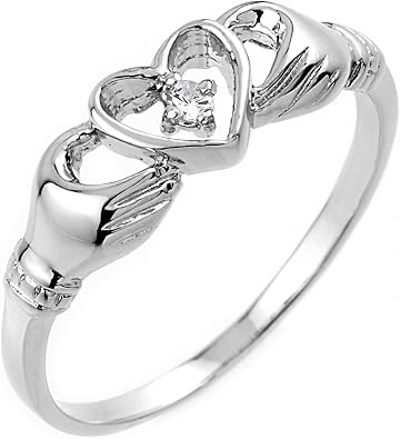 10k White Gold Diamond Accent Solitaire Open Heart Claddagh Ring J-K Color, I1-I2 Clarity