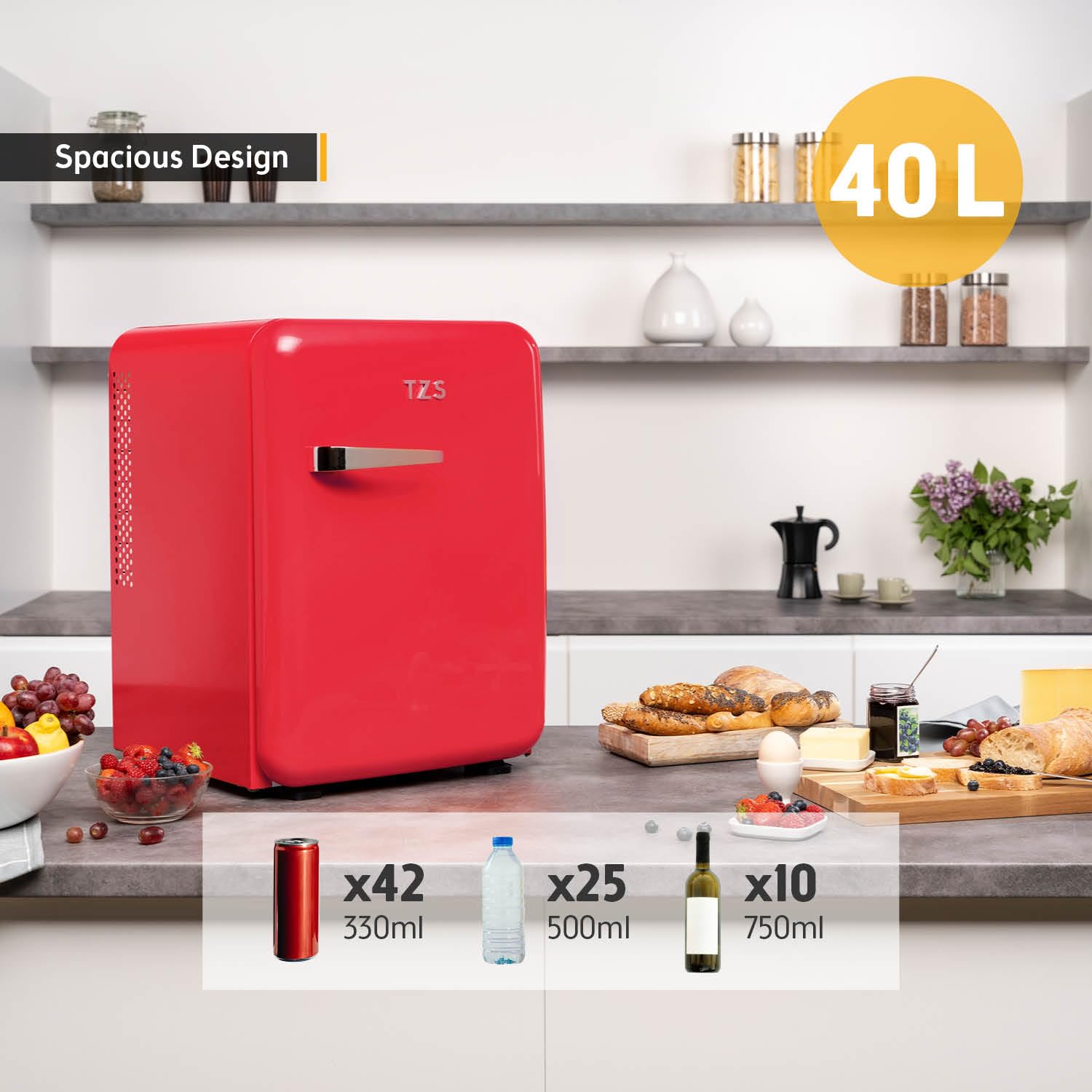 TZS First Austria - Retro Mini Fridge 40L Silent - Small mini fridge in vintage design with interior lighting & 2 door compartments - Minibar for camping, office, bedroom & hotel - red — view 5