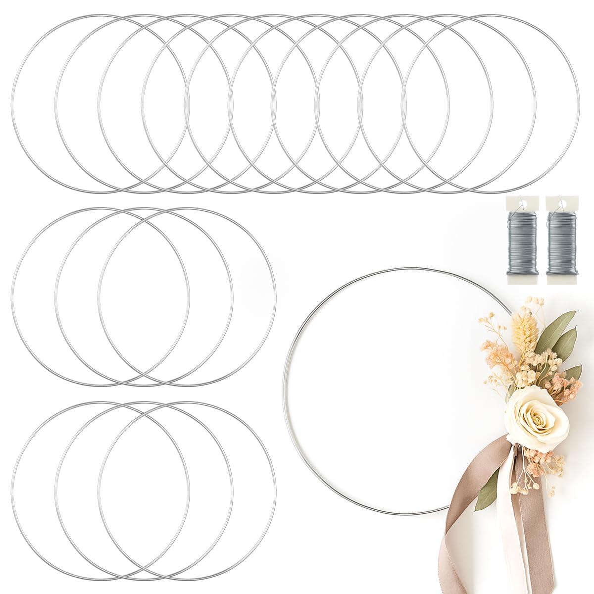 16 Pack Floral Hoop 16 Inches Metal Rings for Crafts Macrame Rings Hoop Wreath Dream Catcher Rings DIY Wreath Candle Rings Wreaths Craft Hoops, Silver