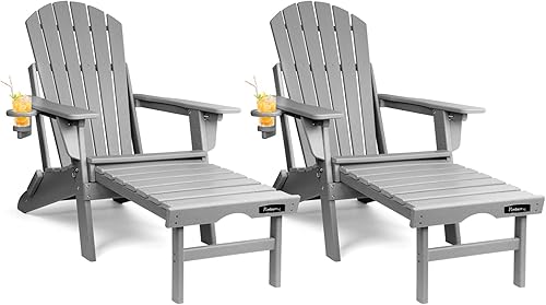 FUNBERRY Juego de 2 sillas Adirondack plegables ajustables con otomana retráctil, sillas para hoguera para todo tipo de clima con soporte para tazas