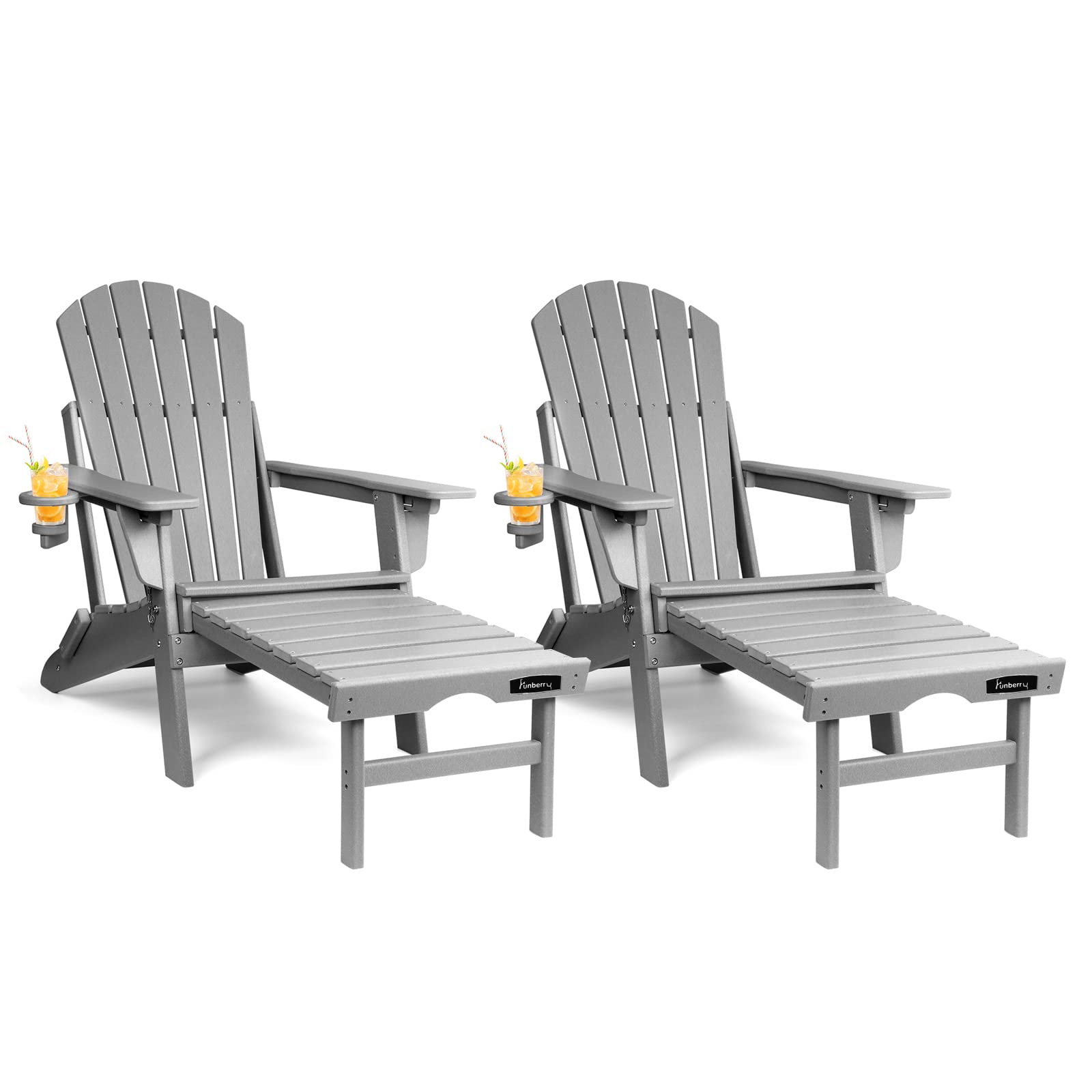 FUNBERRY Adjustable Folding Adirondack Chairs Set of 2 with Retractable Ottoman, All Weather Fire Pit Chairs with Cup Holder