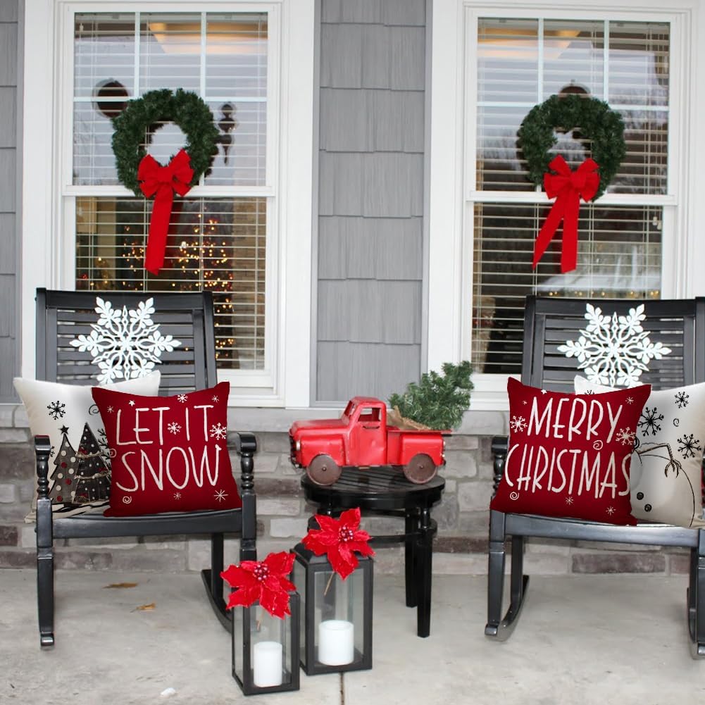 RABUSOFA Christmas Pillow Covers 18x18 Inch Set of 4 with 8 Design Double-Sided, Let It Snow Snowman Joy Stripes Gift Box Red Xmas Tree Winter Holiday Throw Cushion Case Decorations for Sofa Couch