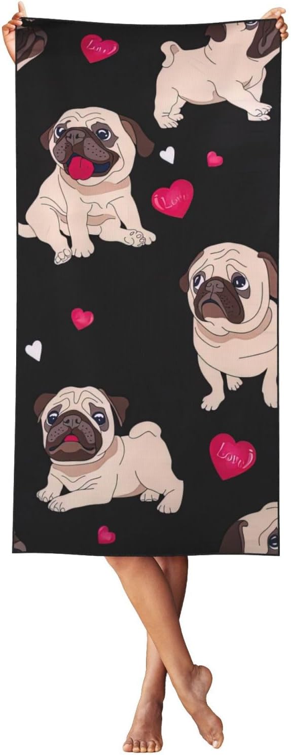 Peach Skin Velvet Quick Dry Lightweight Cute Pug Print Beach Towel for Beach,Bath,Pool,Gym,Yoga