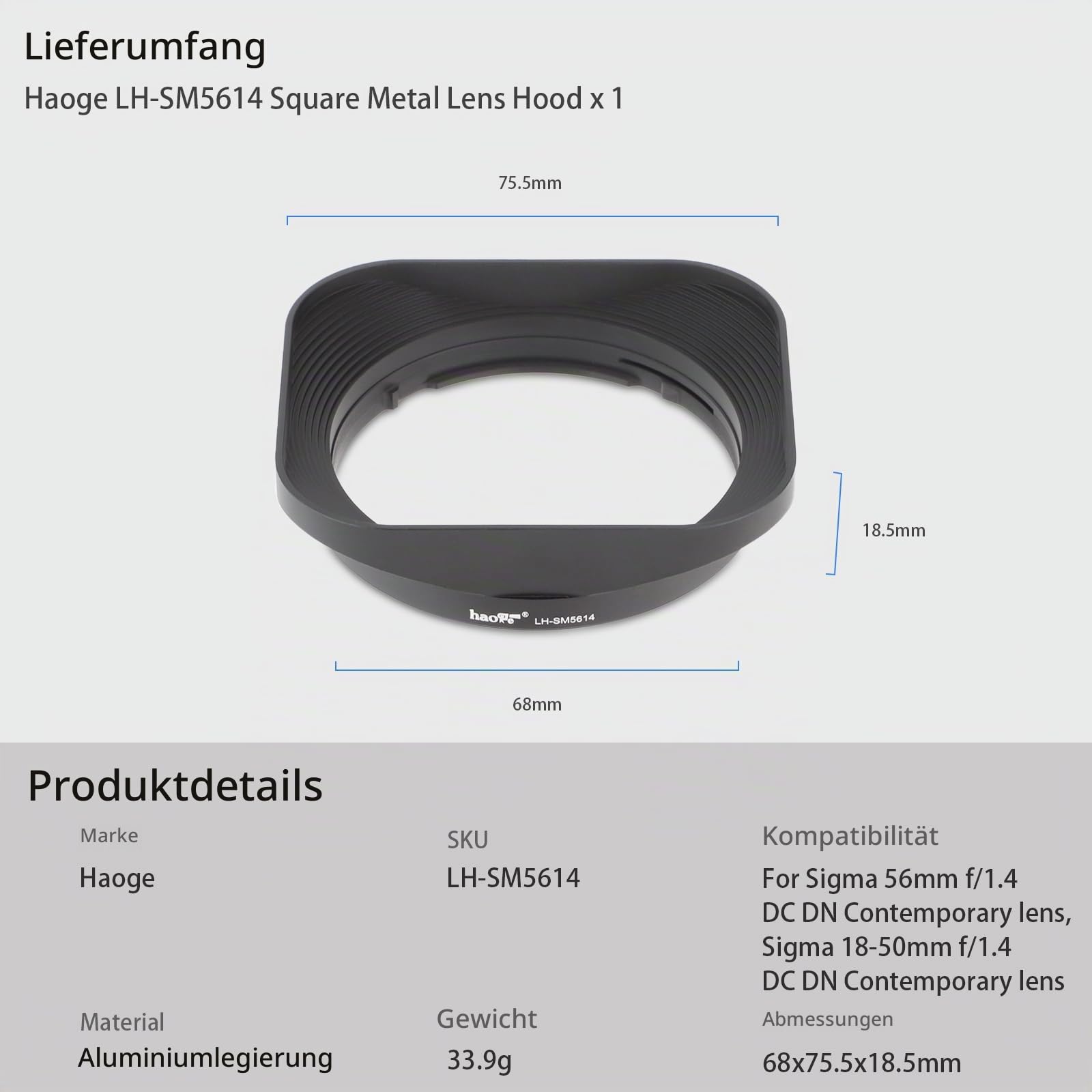 Haoge Quadratische Gegenlichtblende aus Metall für Sigma 56 mm F1.4,18-50 mm F2.8 DC DN | zeitgenössisches Objektiv, LH-SM5614 Bajonett, AM LH-SM5614 A1