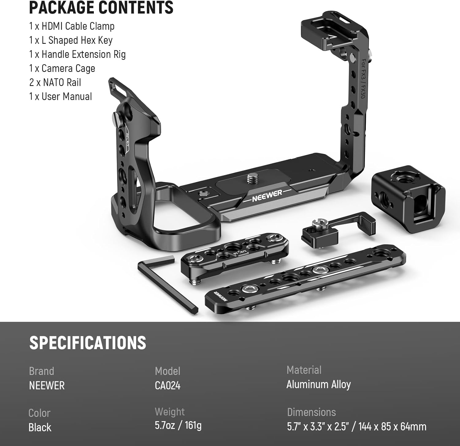 NEEWER FX3 FX30 Kit de extensión de jaula y mango XLR con abrazadera de cable HDMI, riel OTAN, orificio de localización ARRI, jaula de cámara de