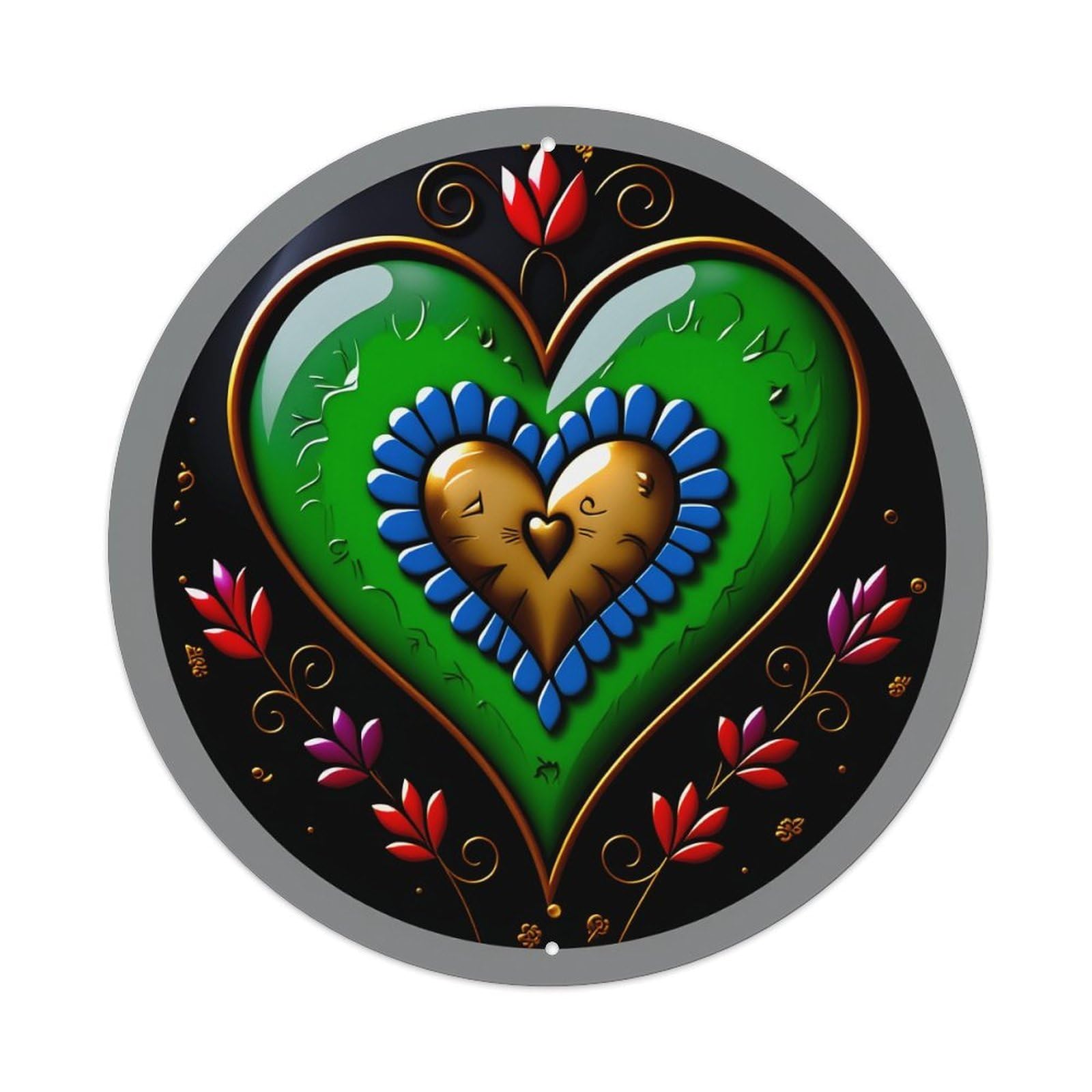 Heart Shape Green Background Blue Petals Gold Center Red Leaves Round Vintage Tin Sign,Retro Wall Art,Metal Poster for Home, Bar, Garage, Cafe, Rustic Indoor & Outdoor Decor, 8x8 Inches