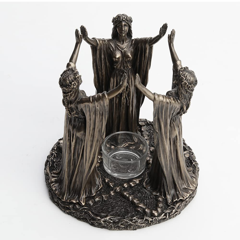 Veronese Design 6 3/4 Pollice Alto Tripla Luna Dea Maidens Rituale Candela Tealight Titolare Freddo Cast Bronzato Resina Scultura Wiccan Alter Figurine Home Decor New Age Religioso Da Collezione