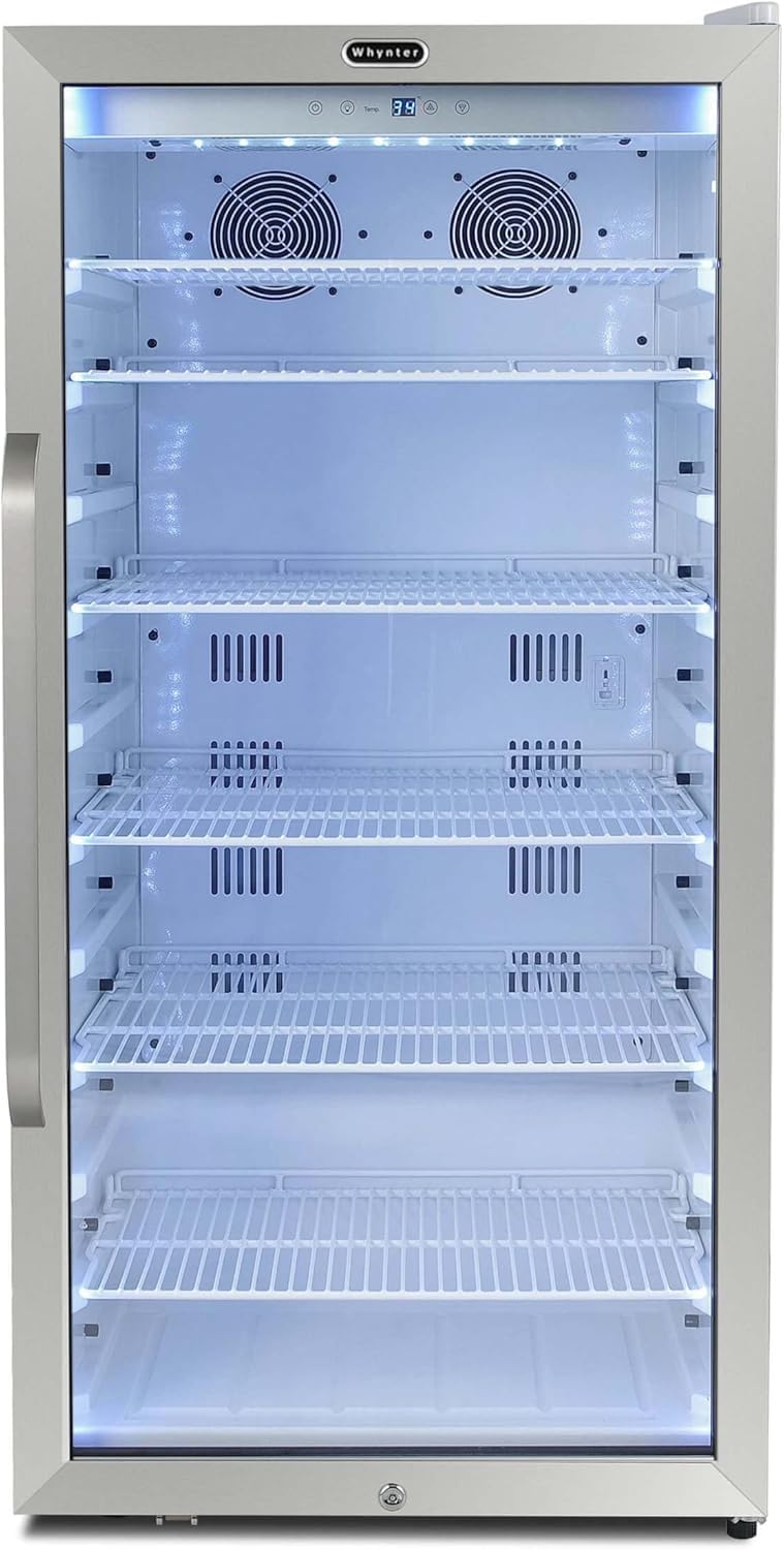 Whynter CBM-1060XLW Commercial 10.6 Cu. Ft. Stainless Steel Commercial Beverage Merchandiser Display Refrigerator with Superlit Door and Lock, White, Luxurious Curved Handlebar