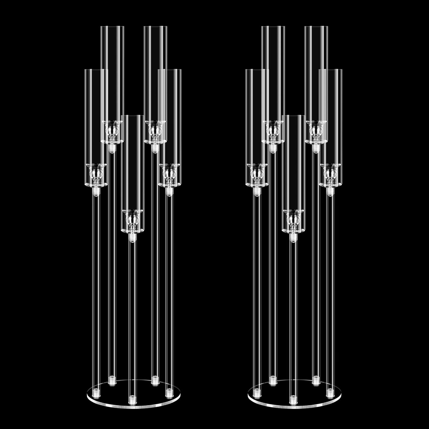 2 Set 5 Arms 34.6'' Acrylic Candelabra Centerpieces for Wedding Table Decorations,Clear 5 Arms Candlesticks Holder with Acrylic Shade for Valentine's Day Dinner Party Fireplace Gift Fit LED Candle