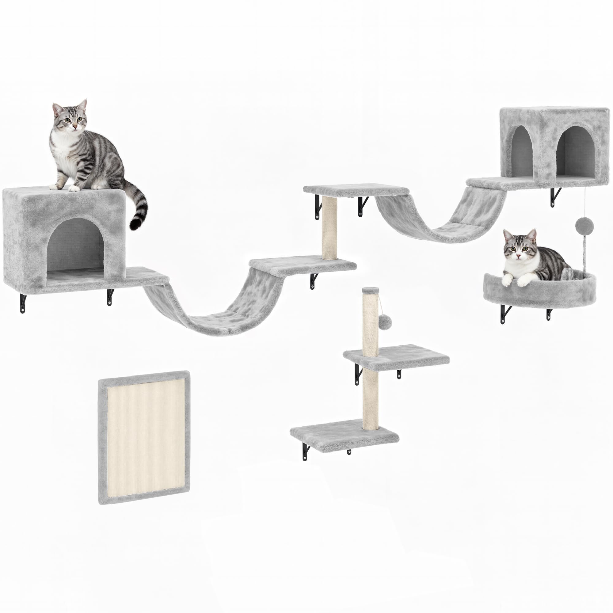 YITAHOME 8-teiliges Katzewand-Set, Robustes Plüsch-Kratzmöbel mit Kratzsäule, Katzenhaus, Katzenbrücke, Katzenleiter und Hängeball in Hellgrau