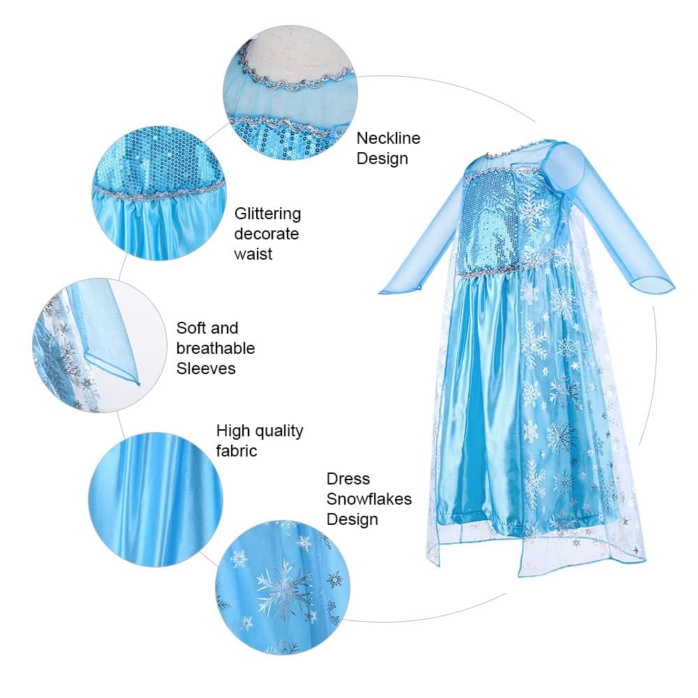 Vicloon Elsa Costume, Principessa Belle Costume, Set da Principessa Elsa Corona Bacchetta Guanti Treccia,Ragazze Elsa Principessa delle Neve Abiti Partito Vestito Costume, Cosplay Party Halloween