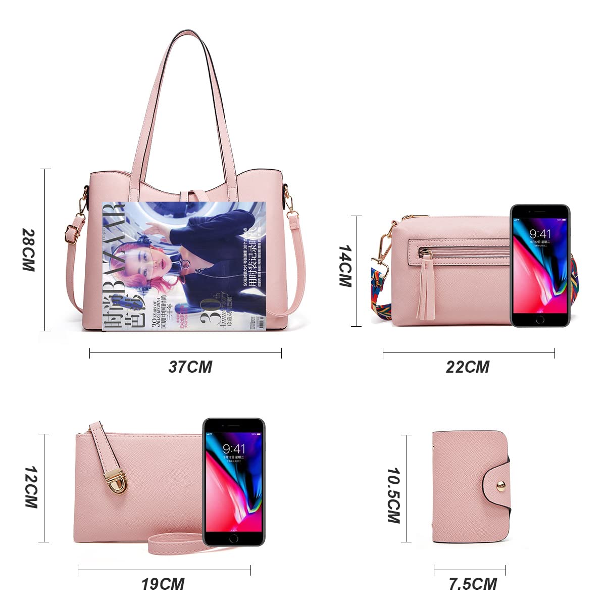 Women Fashion Handbags Wallet Tote Bag Shoulder Bag Top Handle Satchel Purse Set 4pcs: Pink-l