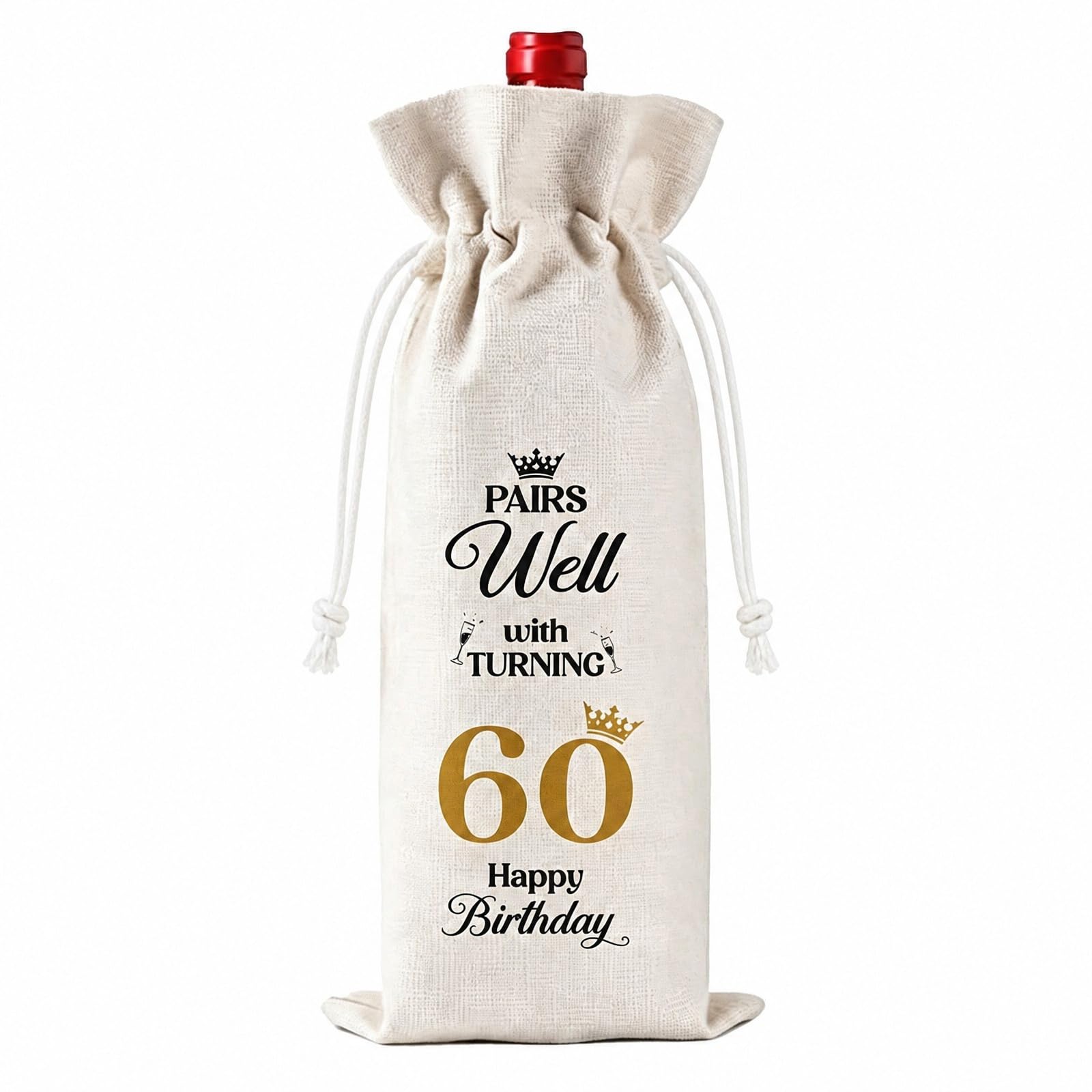 Mzbnfa 60th Birthday Gifts for Men Women, Decorative Wine Gift Bag with Drawstring, Jute Bottle Bag for 60 Year Old Mum Dad Grandma Grandad, Reusable Present Wrap for Milestone Celebration