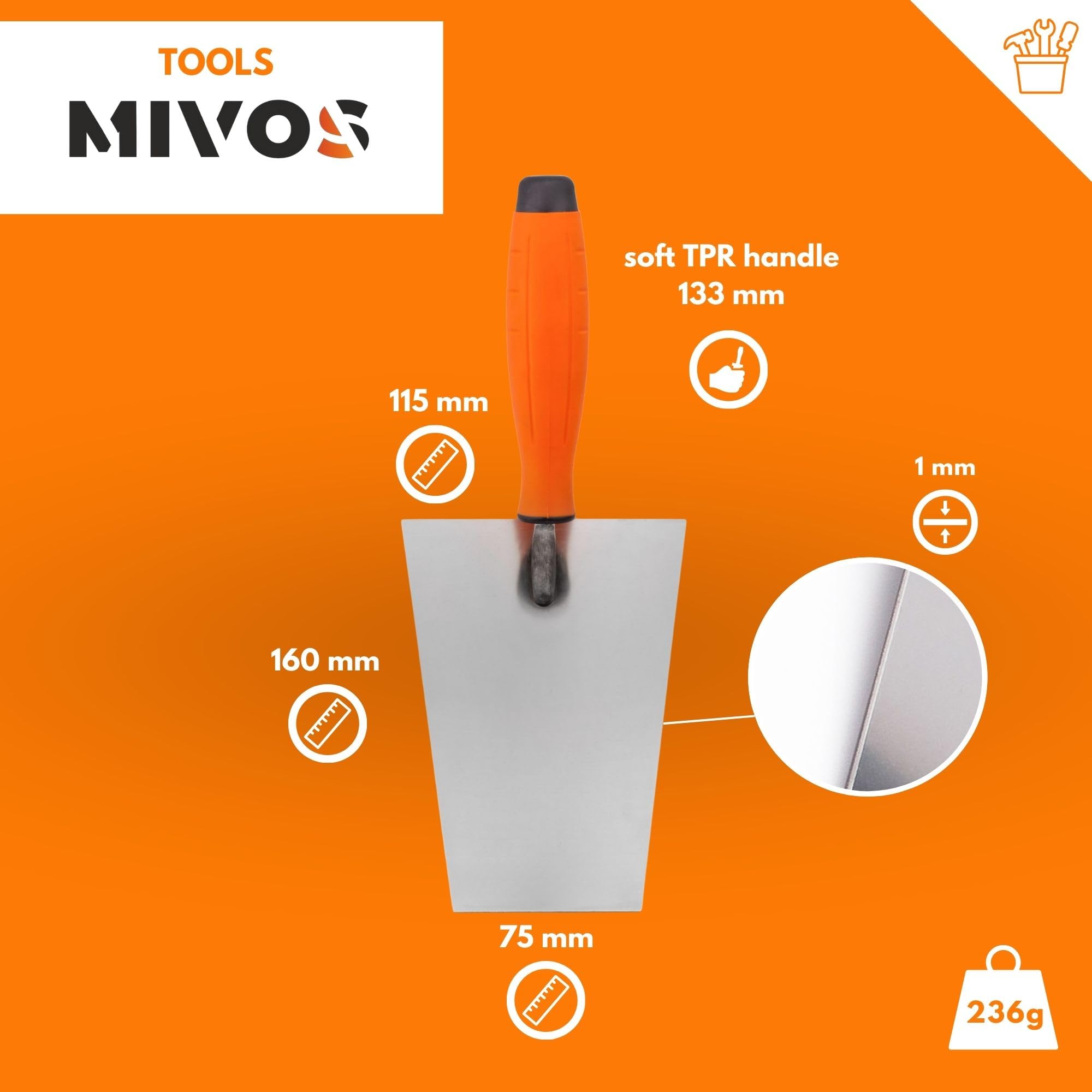 Mivos Set of 4 Stainless Steel Paddle 80 x 60 mm 120 x 128 mm Trapezoid Trowel 160 x 75 mm Stainless Steel Paddle Set Soft Handle Made in EU - Image 4