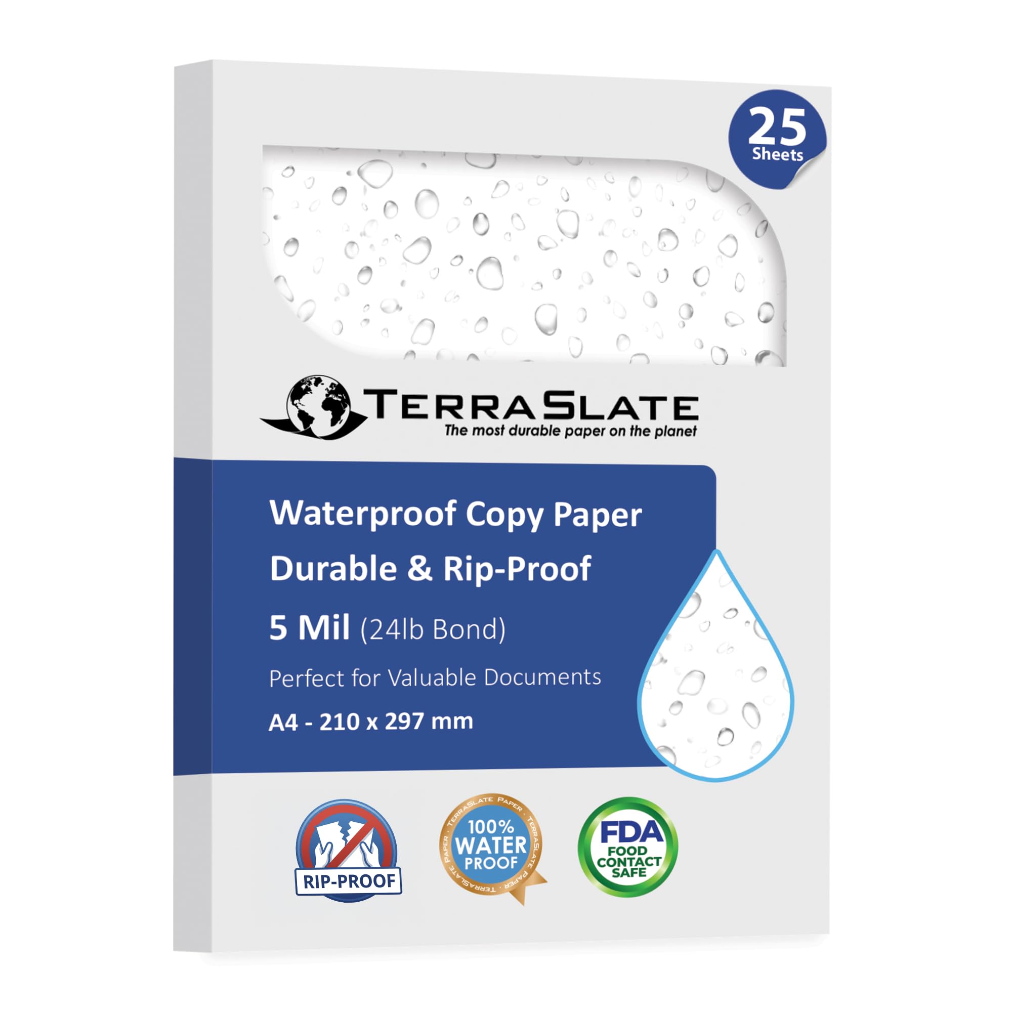 TerraSlate Waterproof Laser Printer Paper – Rip-Proof, Weatherproof, 5 Mil (24lb Bond), A4 Size 210 x 297 mm, 25 Sheets, White, Synthetic Paper for Outdoor Use