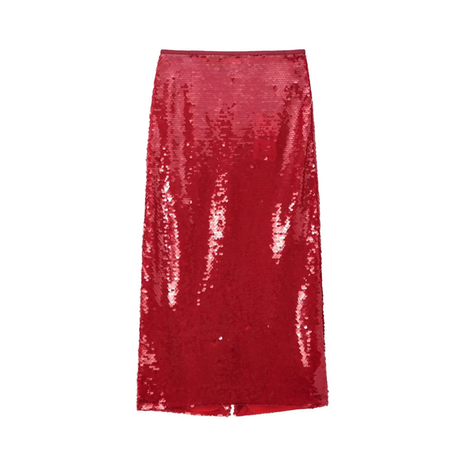 Womens Casual Solid Color Back Slit Mid-Waist Sequined Party Midi Skirt