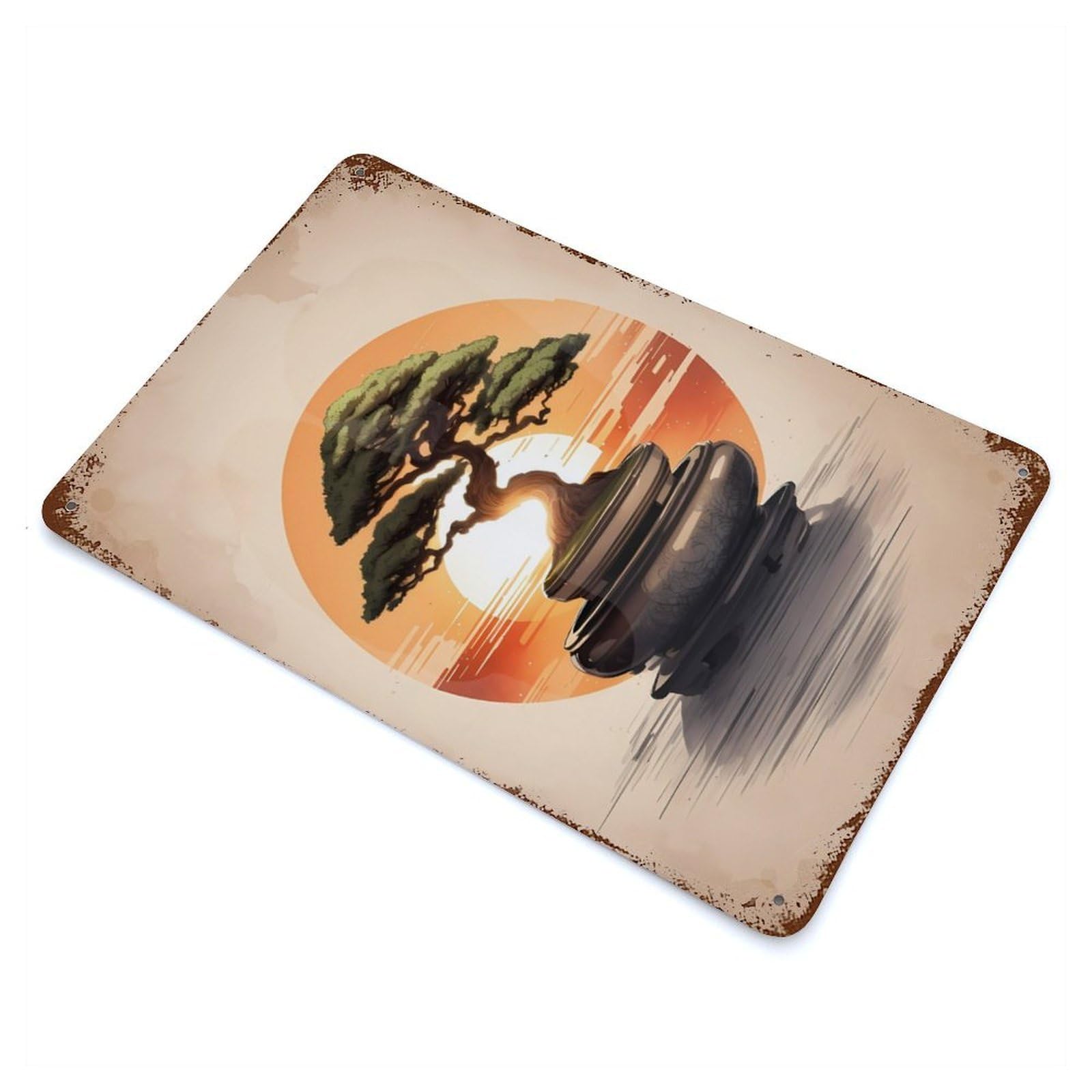 Retro Metal Sign with Bonsai Sunset Design 11.8"x7.9", for Shed, Workshop And Garage Wall Decor, Industrial Home Decor