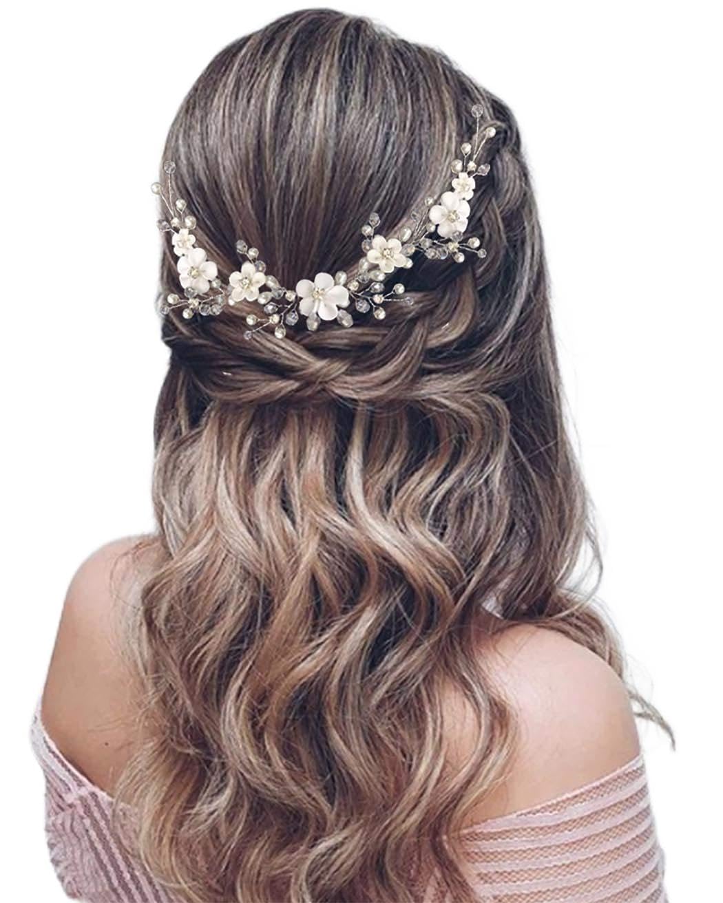 Unicra Diadema de novia para el pelo de novia, accesorio para el cabello de flores de vid con perlas para mujeres y niñas (plateado)