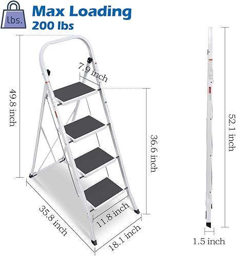 Miniatura 6 de TOOLF Escalera de 3 escalones con asa, taburete plegable de acero con pedal ancho antideslizante, escalera resistente para el hogar, oficina, puerta