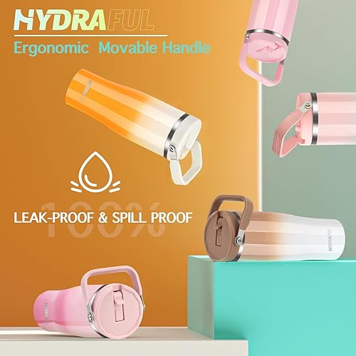 Miniatura 3 de Hydraful Vaso de 50 onzas con asa abatible, botella de agua aislada al vacío a prueba de fugas, cabe en portavasos para hogar, exteriores, taza de