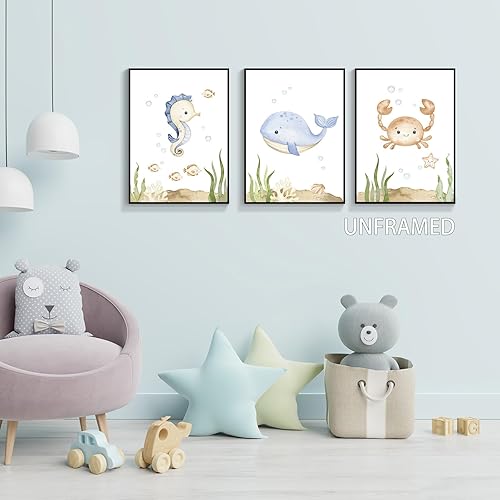 Miniatura 9 de Yuaruo Lienzo decorativo para la pared del cuarto del bebé, 3 piezas bajo el mar, póster de arte de arte bajo el mar, linda vida acuática de