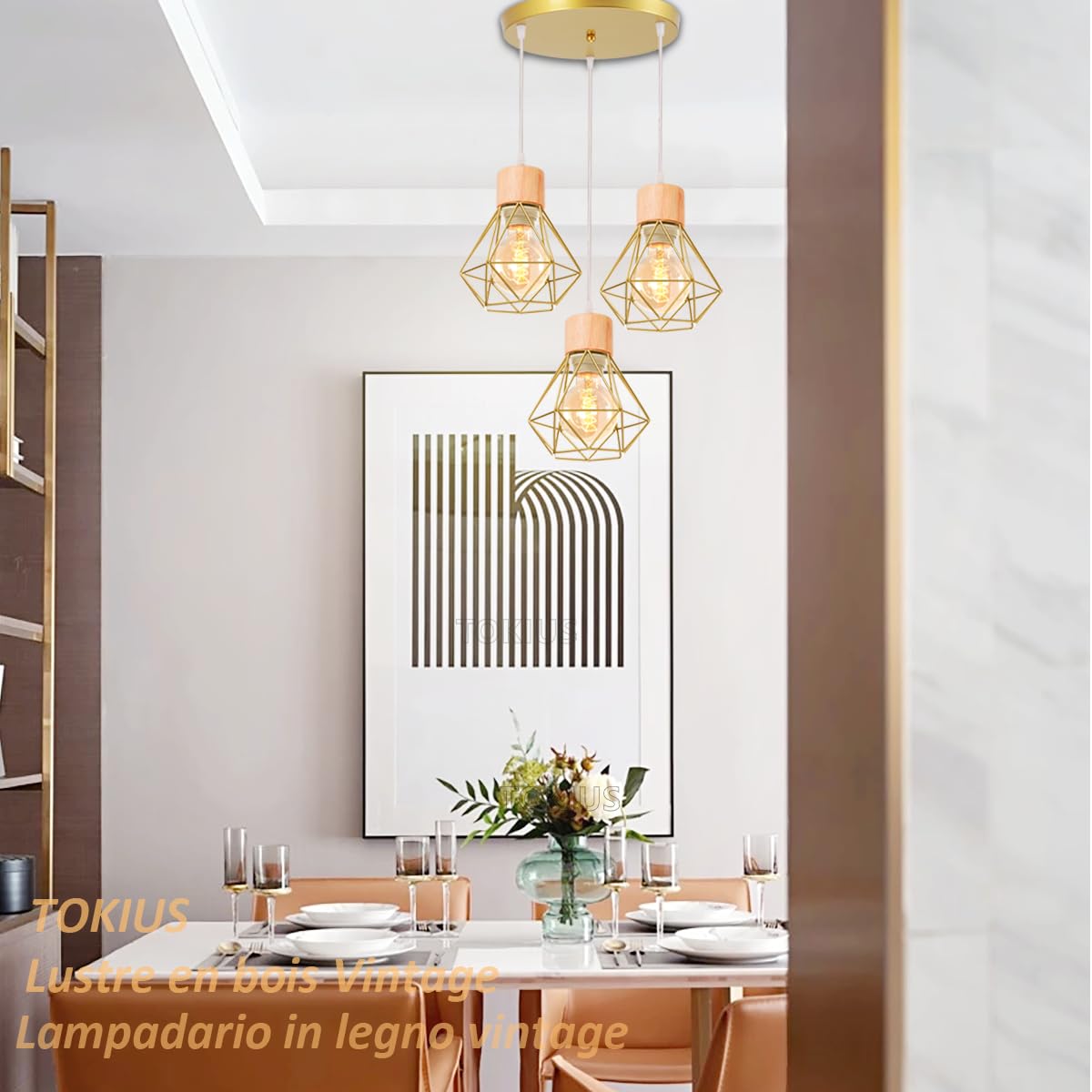 3 luci Lampada a Sospensione Industriale E27 Plafoniera Retro in Metallo e Legno Ø160mm Lampada da soffitto Gabbia Diamanti Oro Design per Cucina Salotto