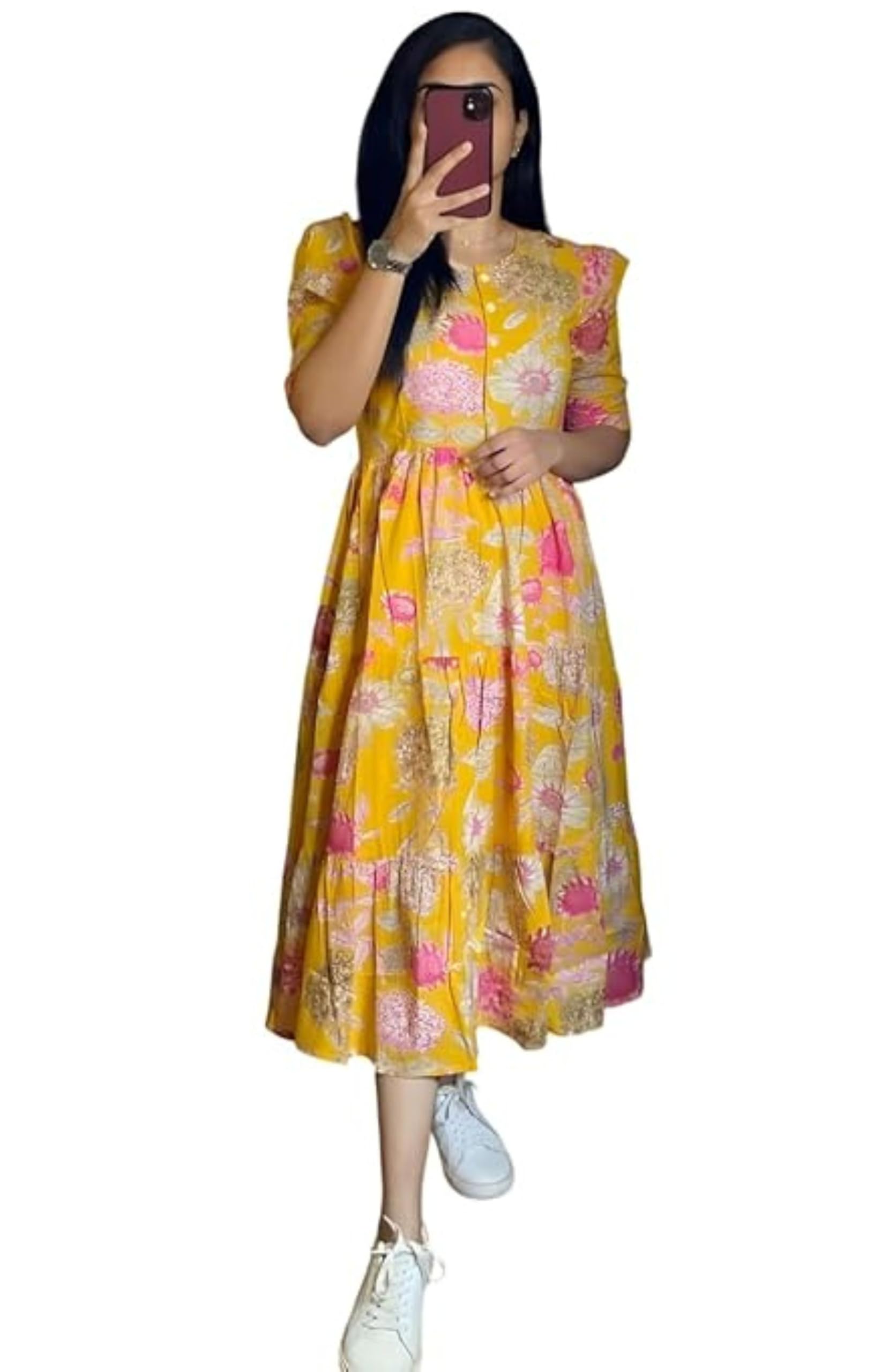 Women’s Rayon Fabric Short Sleeves Long Anarkali Gown Dress for Daytime Vacation & Summer Outings-image-6